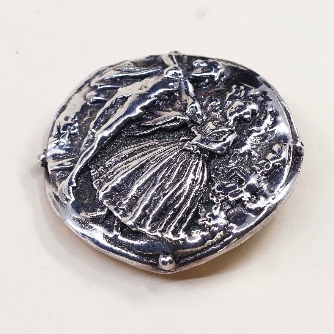 Vintage Sterling silver handmade brooch, puffy 925 silver pin pendant with 18 century dancer, stamped 925