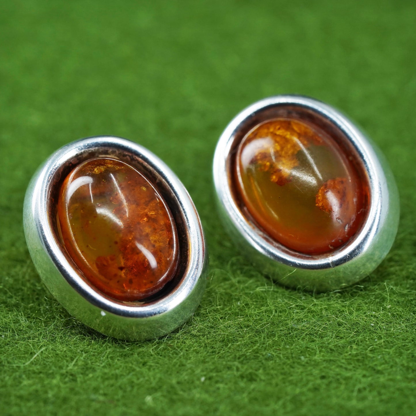 Vintage Sterling 925 silver handmade earrings with oval Amber studs