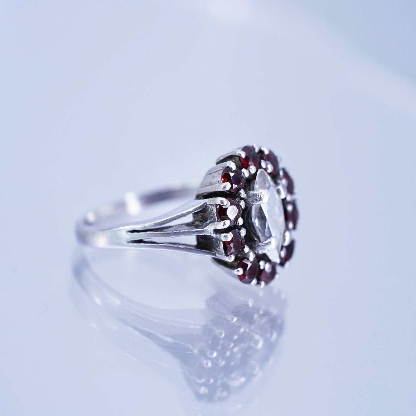 Size 8, vintage Sterling 925 silver engagement ring with ruby and cz