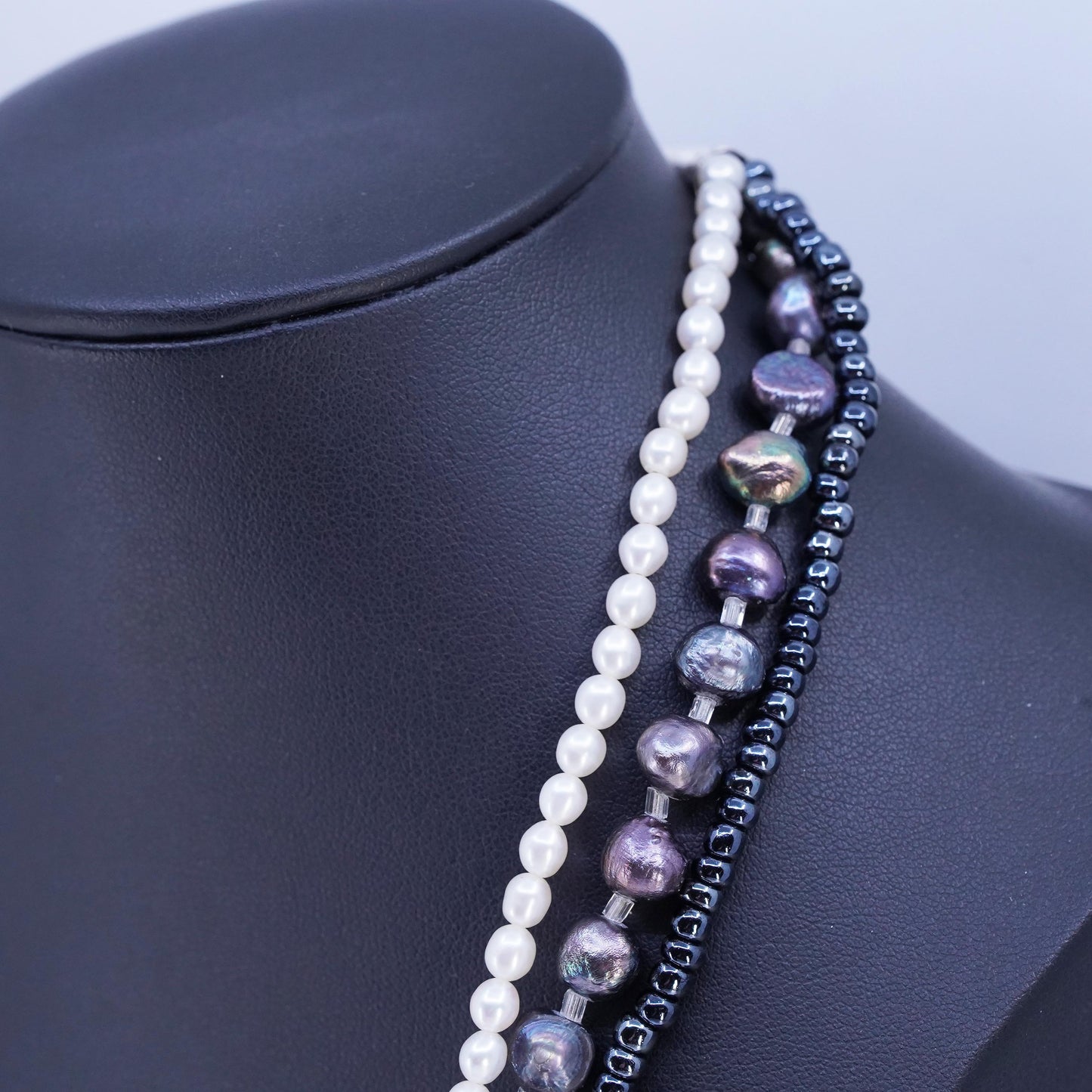 18" VTG Sterling 925 Silver Multi Strands triple tone freshwater pearl Necklace