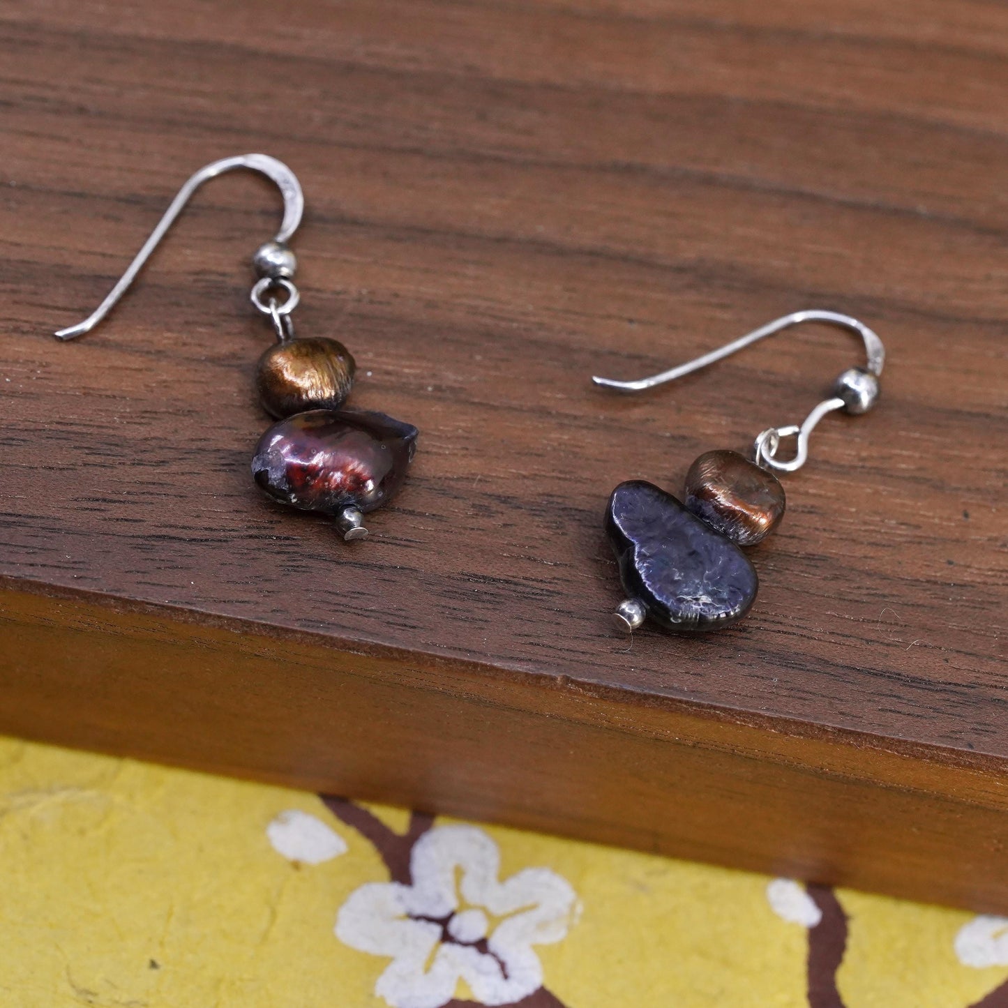 Vintage Sterling 925 silver handmade earrings with black pearl