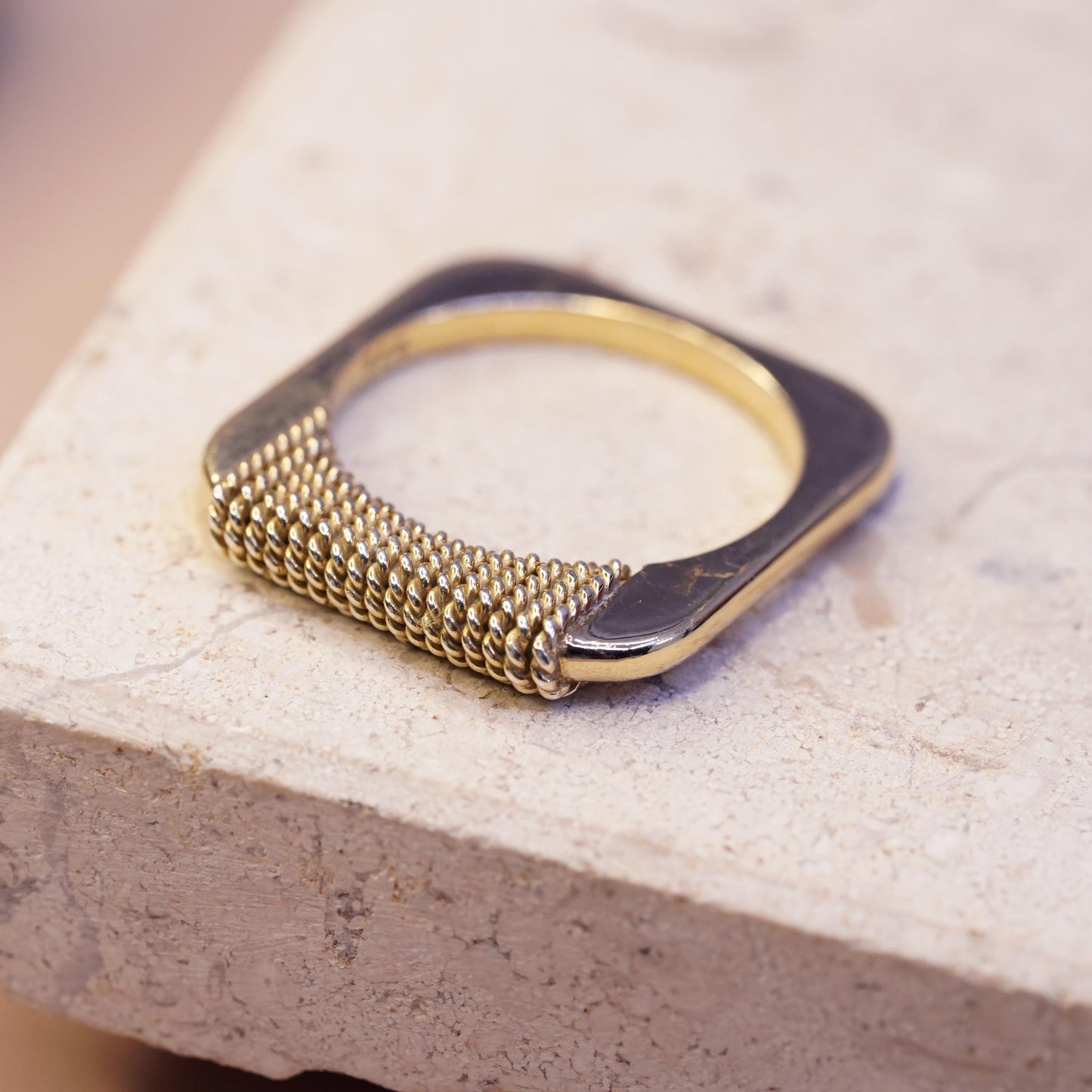 Size 9.25, VTG gold plated sterling silver ring, statement cable stackable band