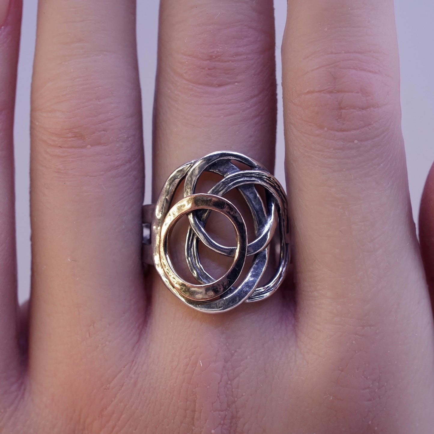 Size 9.25, vintage Israel PZ two tone Sterling silver handmade entwined ring