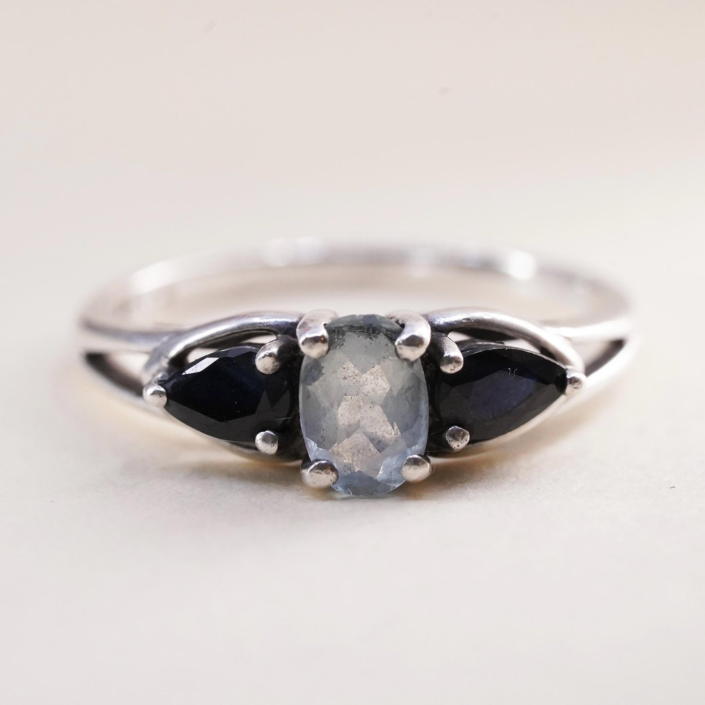 Size 6, vintage Sterling 925 silver engagement ring with crystal and sapphire