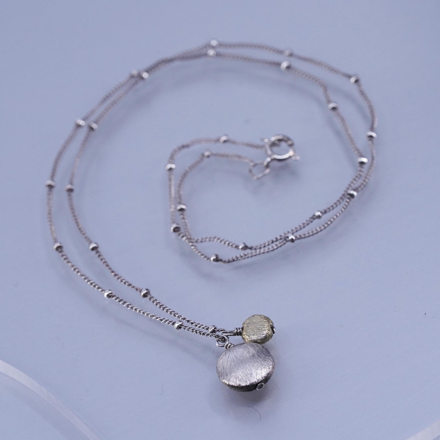 18”, VTG Sterling 925 silver curb beads chain necklace with two tone pendant