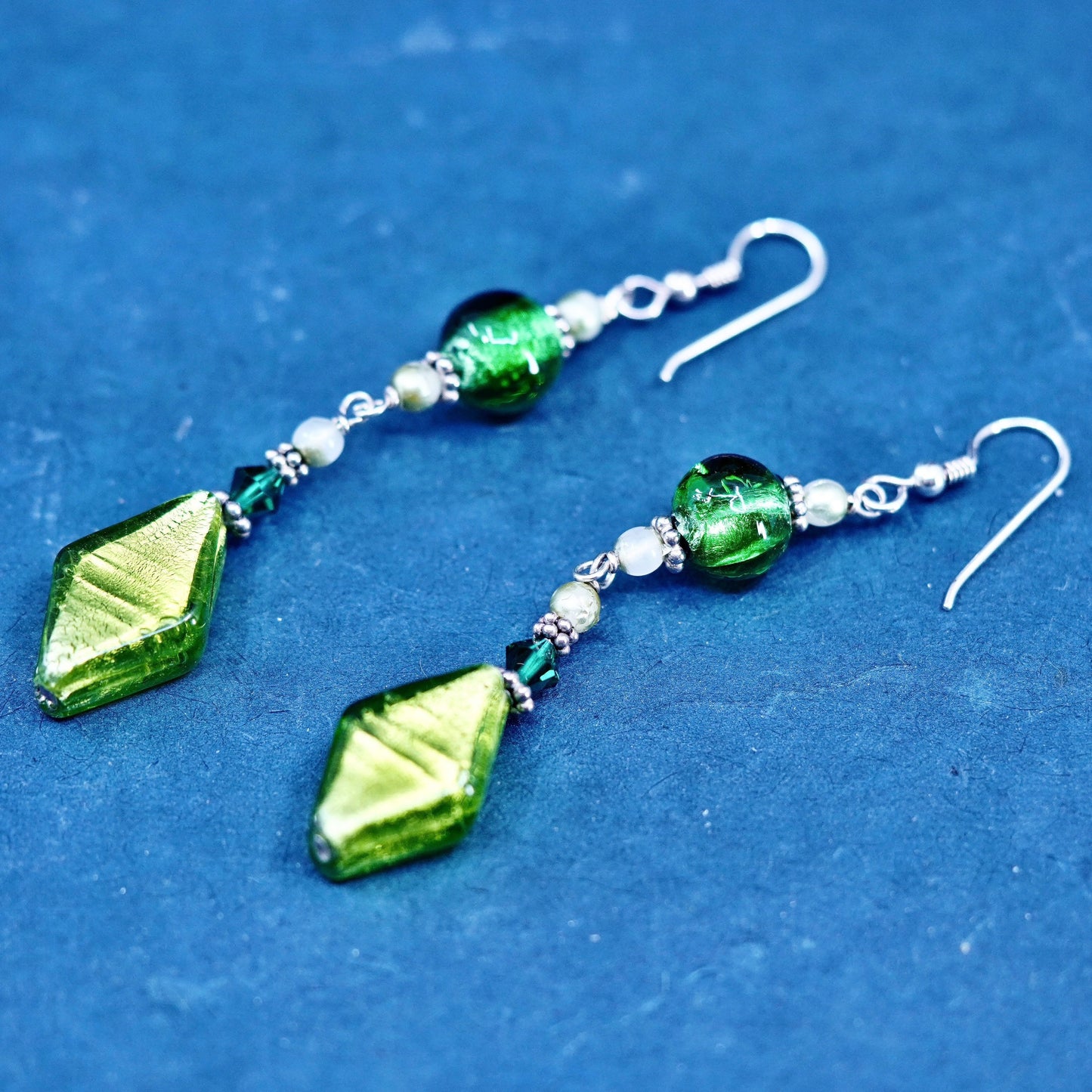 3”, Vintage sterling silver 925 handmade earrings w/ green foiled glass dangles