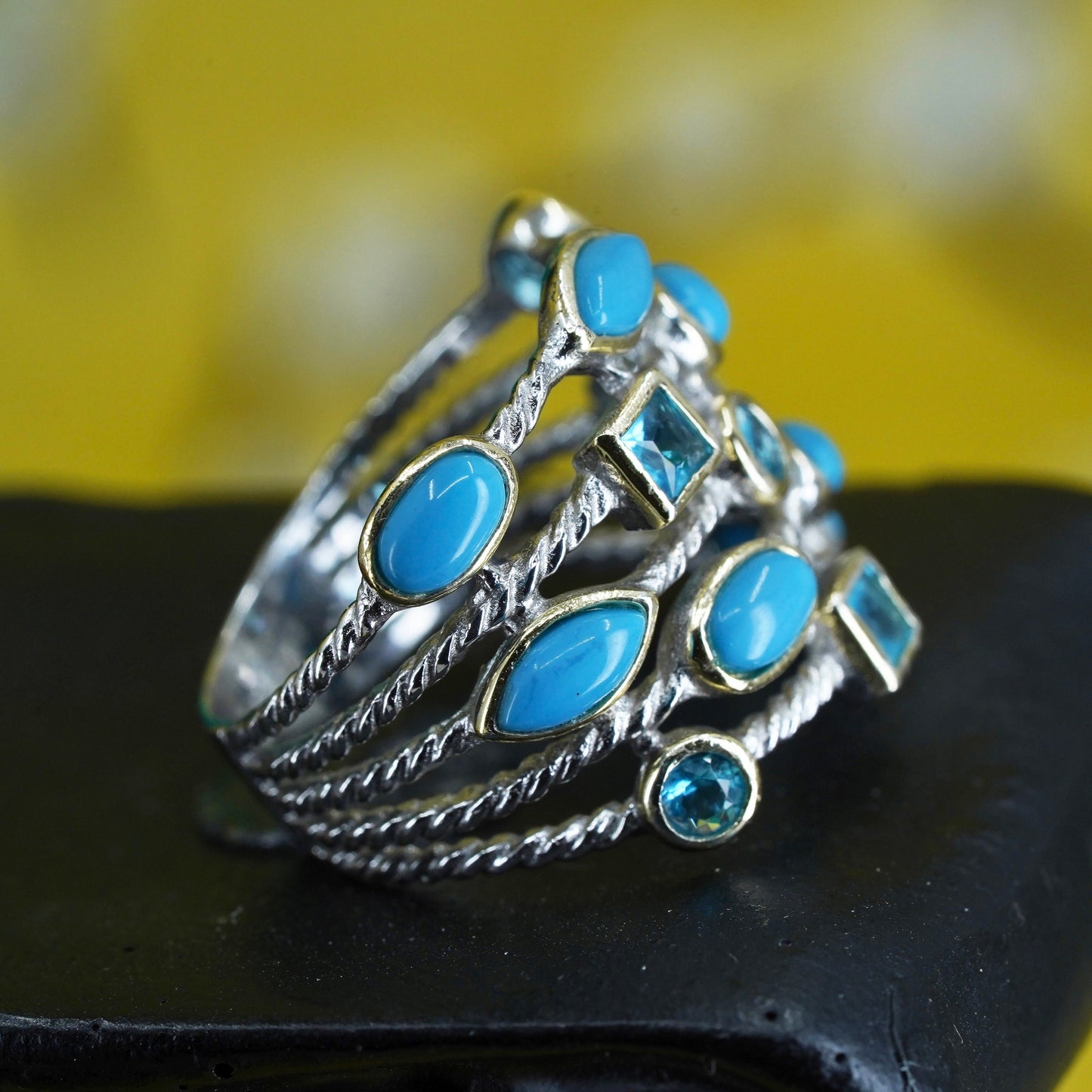 Size 8.5, Native American Sterling silver handmade ring turquoise blue crystal