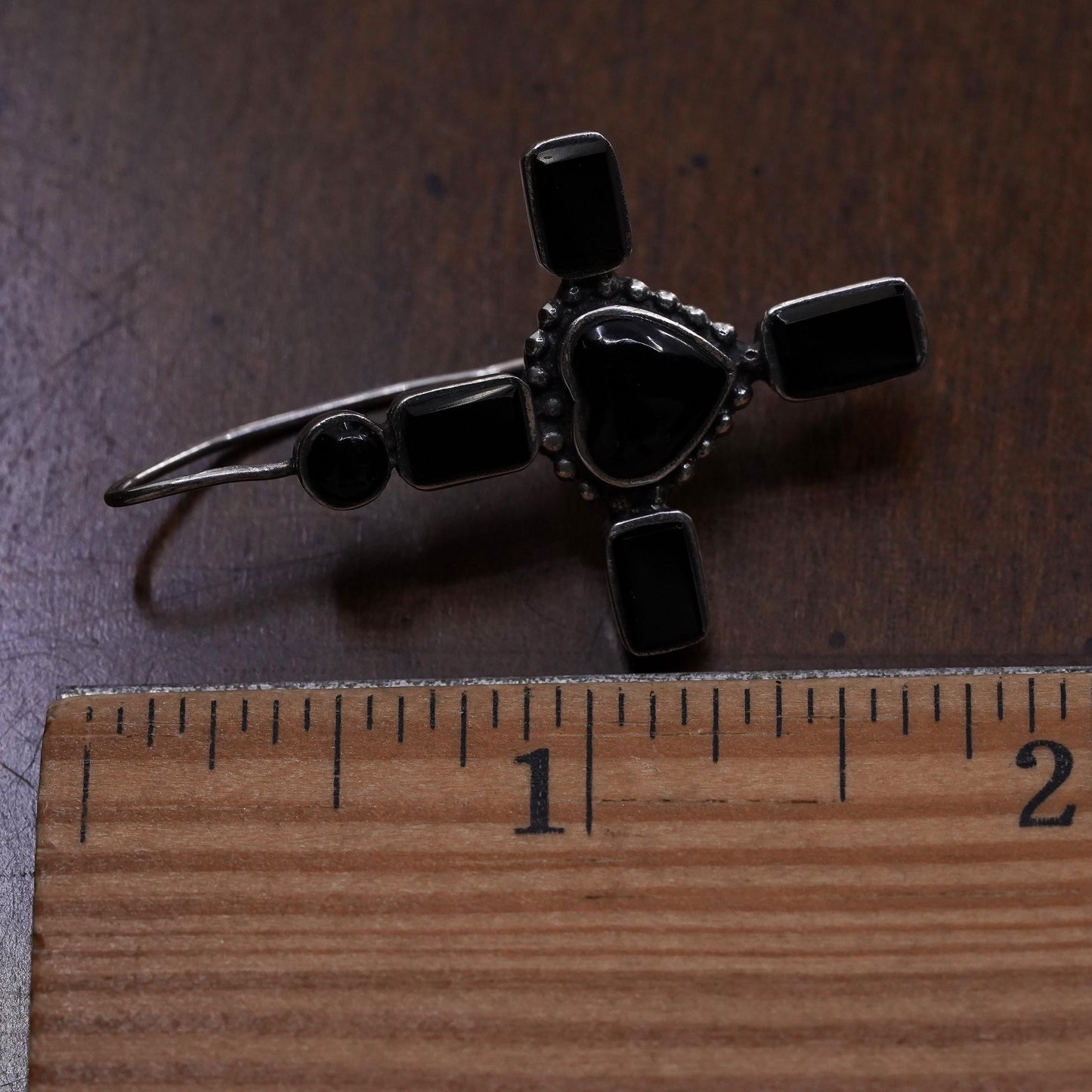 Vintage handmade single earring. Sterling 925 silver heart cross with onyx