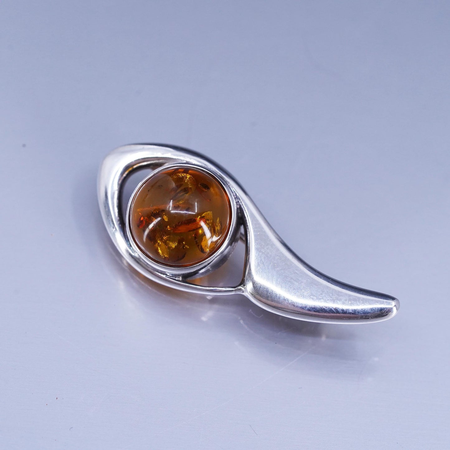 Vintage modernist Sterling 925 silver handmade brooch, pin with amber