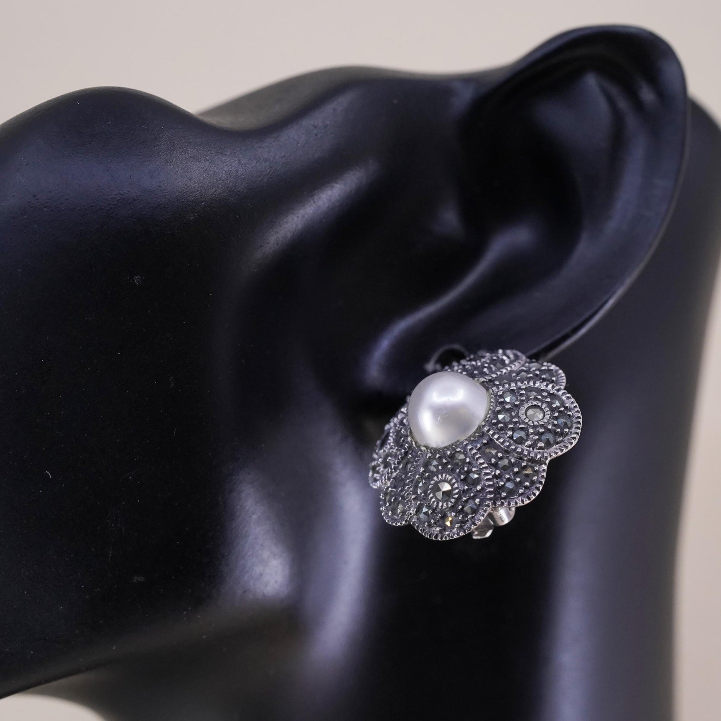 Sterling 925 silver filigree clip on earrings with pearl and cluster marcasite