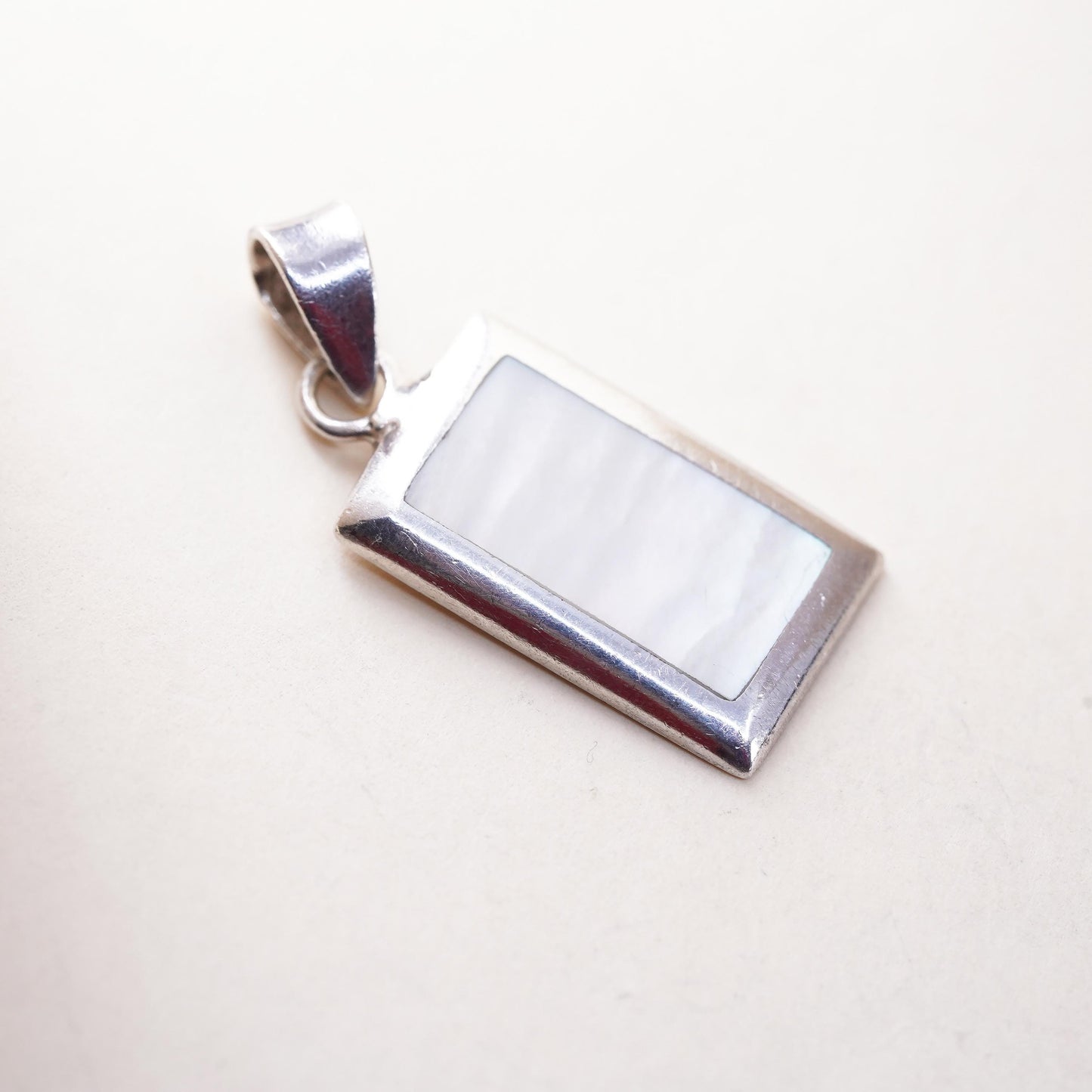 Vintage sterling silver pendant, 925 rectangular pendant mother of pearl inlay