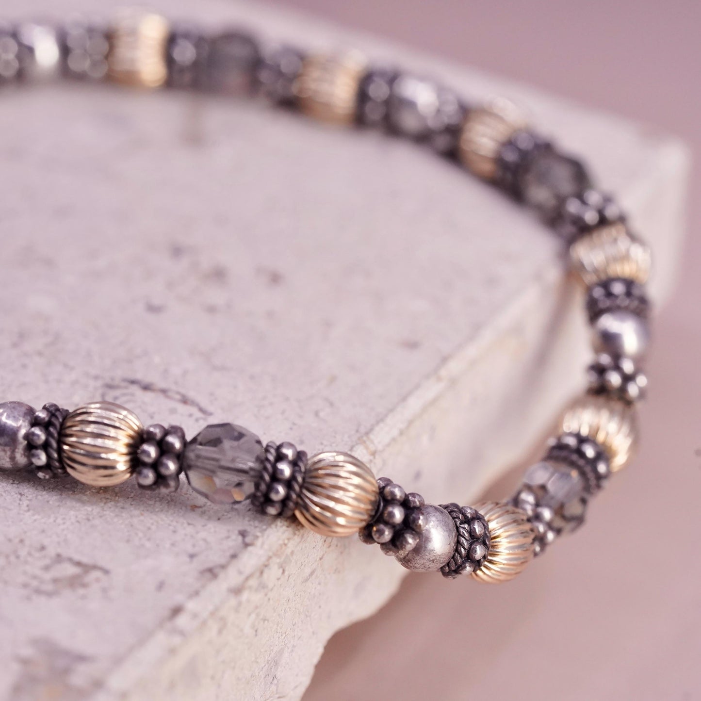 8.5", vintage sterling handmade bracelet, 14K gold, crystal beads chain