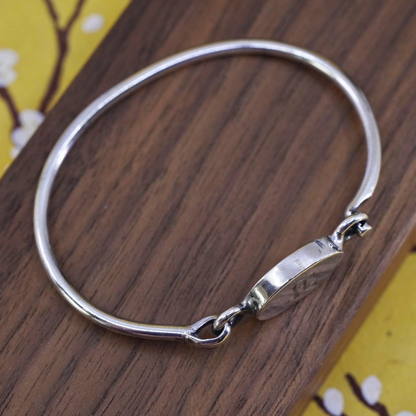 6.5”, sterling silver bracelet, 925 bangle with name tag monogram letter “A”