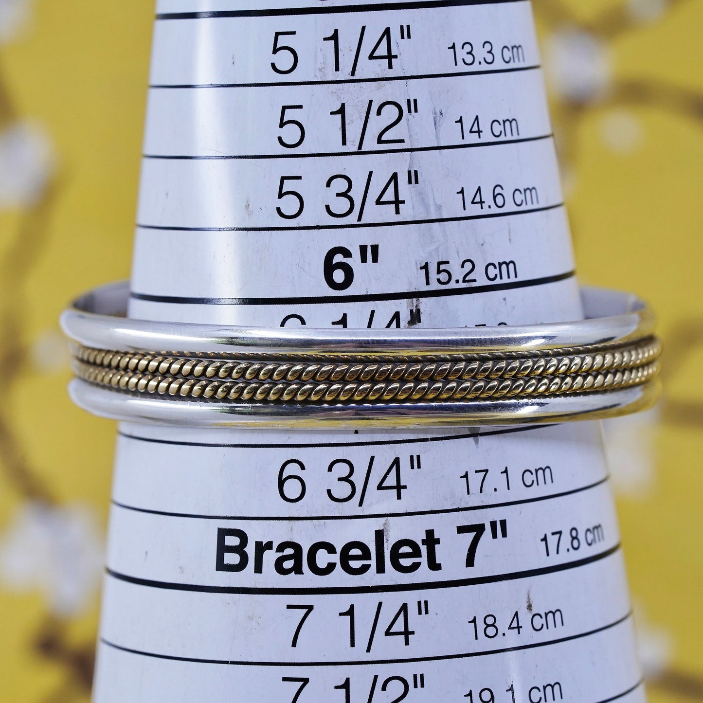 6.5”, two tone Mexican Sterling silver handmade bracelet, 925 cuff brass cable