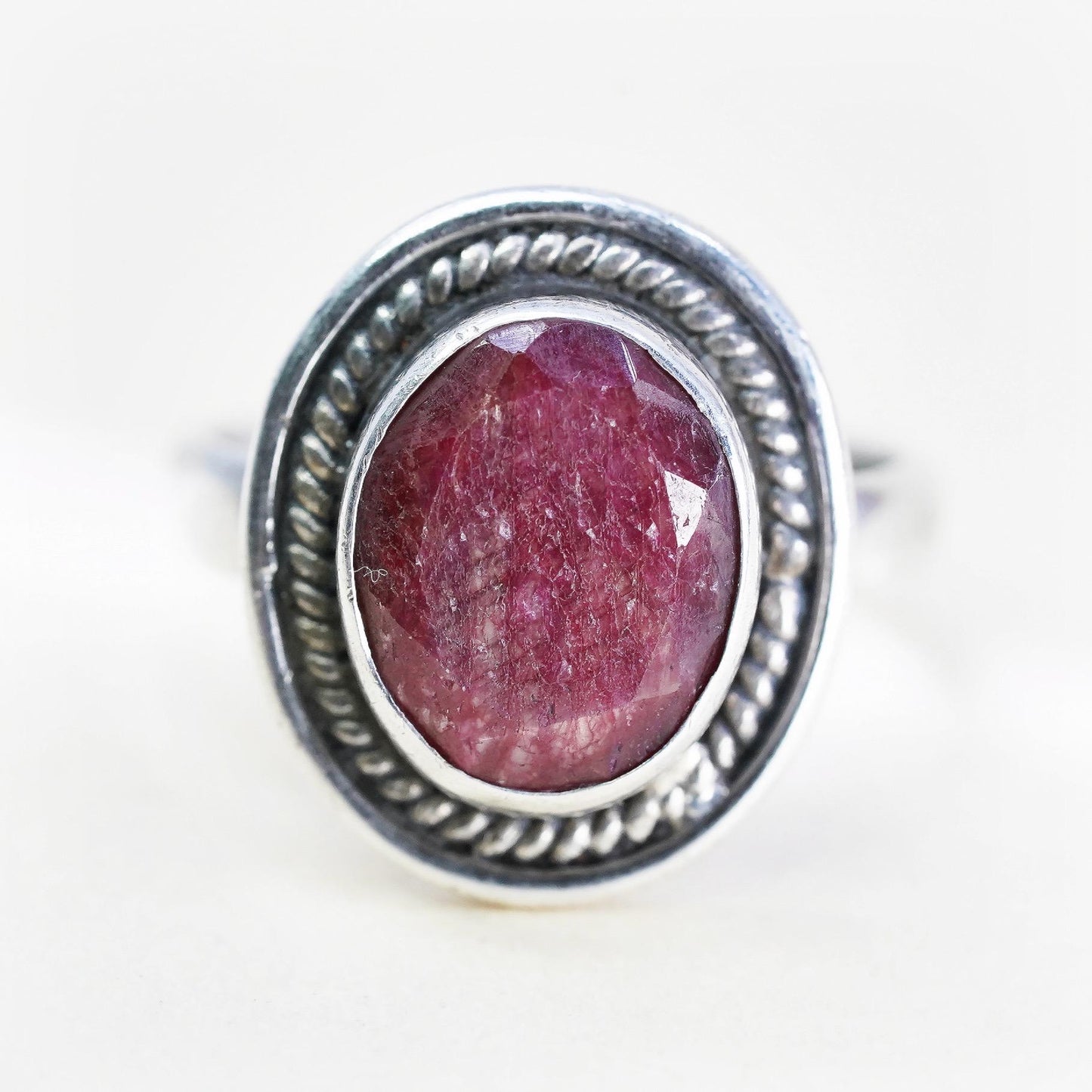 Size 7.25, Vintage sterling 925 silver handmade ring with oval natural ruby