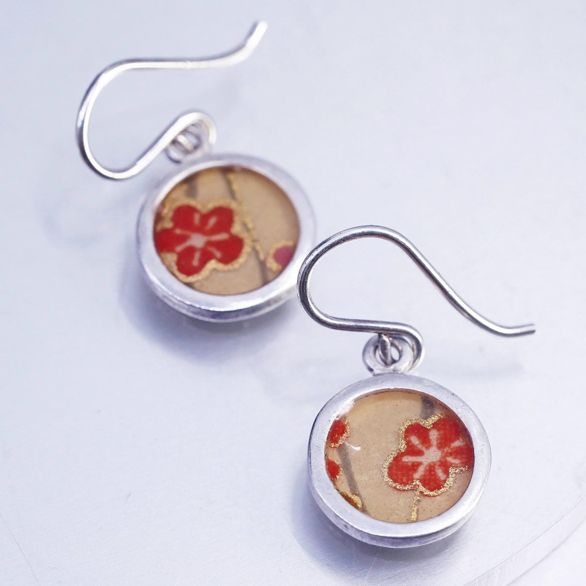 Susan Fleming Sterling 925 Silver Earrings, solid 925 silver Resin Flower paint