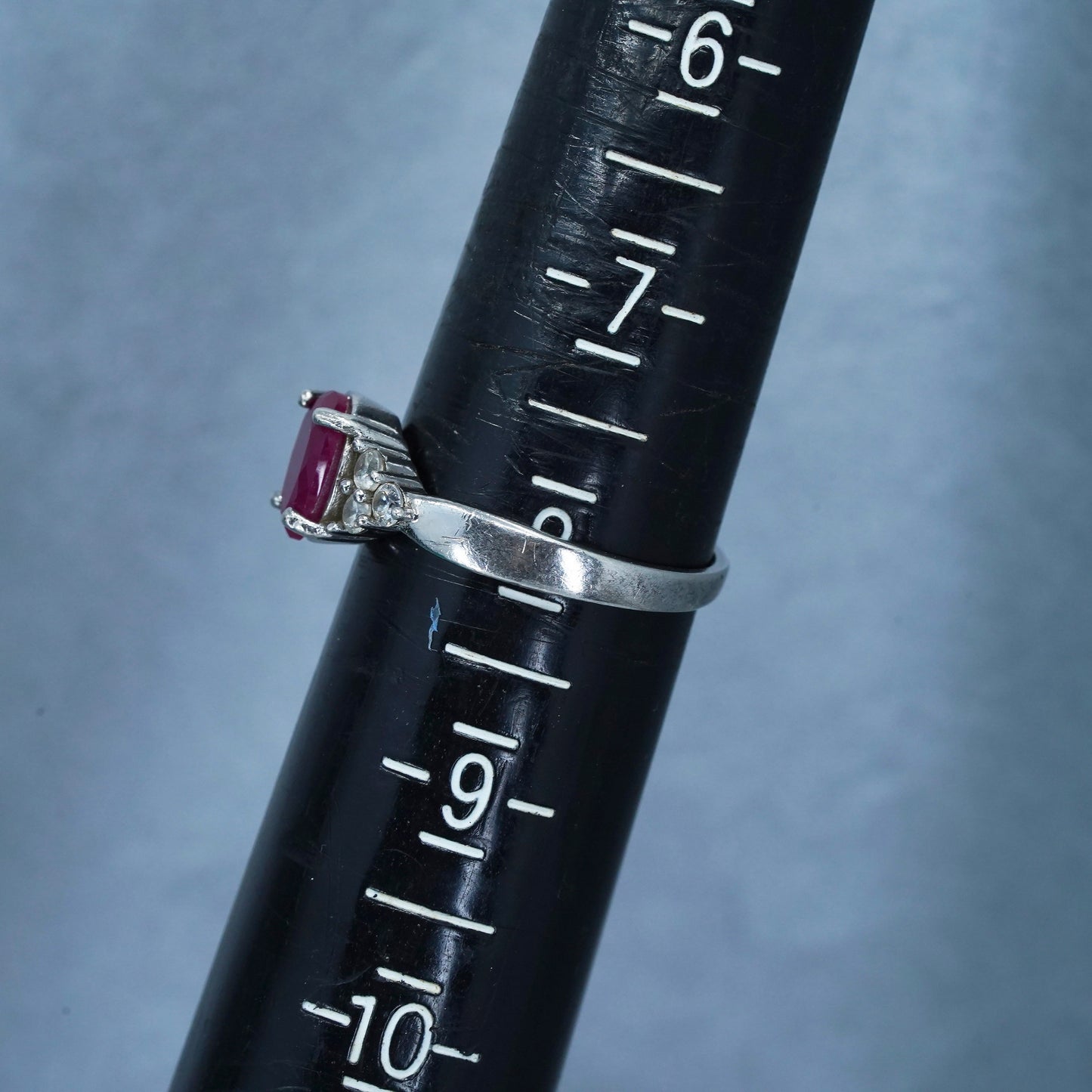 Size 8, vintage Sterling 925 silver engagement ring with ruby and cz