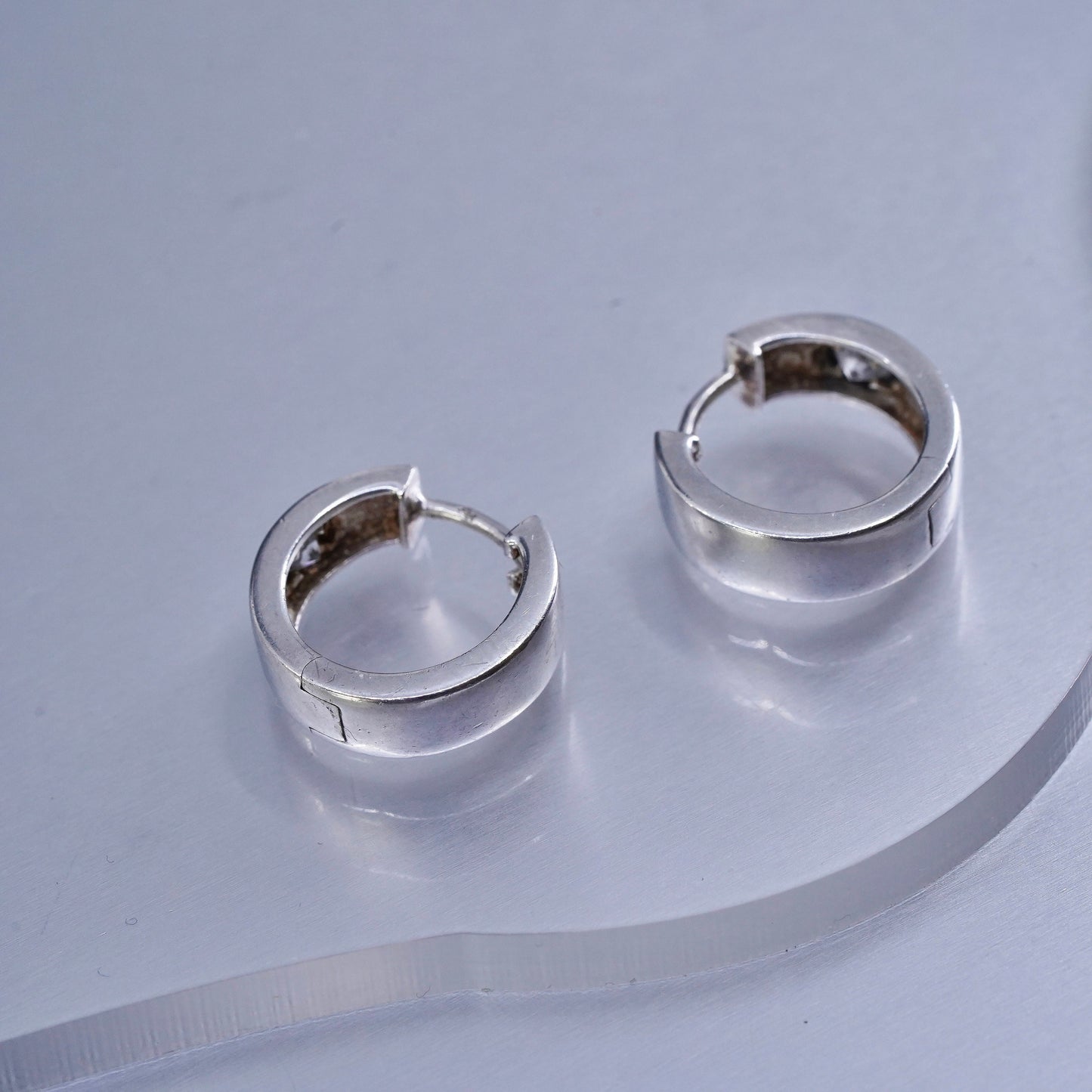 0.5”, vintage Sterling silver handmade earrings, 925 Huggie hoops with Cz