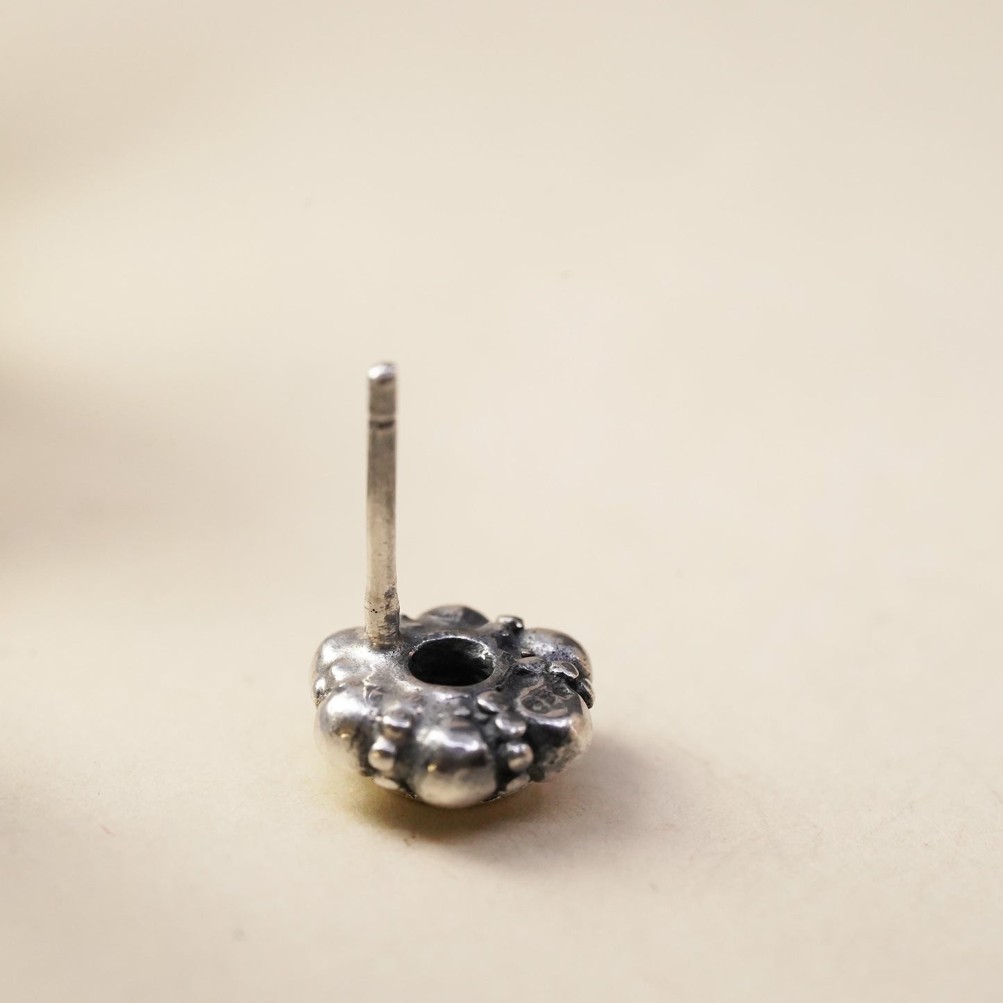 Vintage handmade single earring. Sterling 925 silver stud with garnet