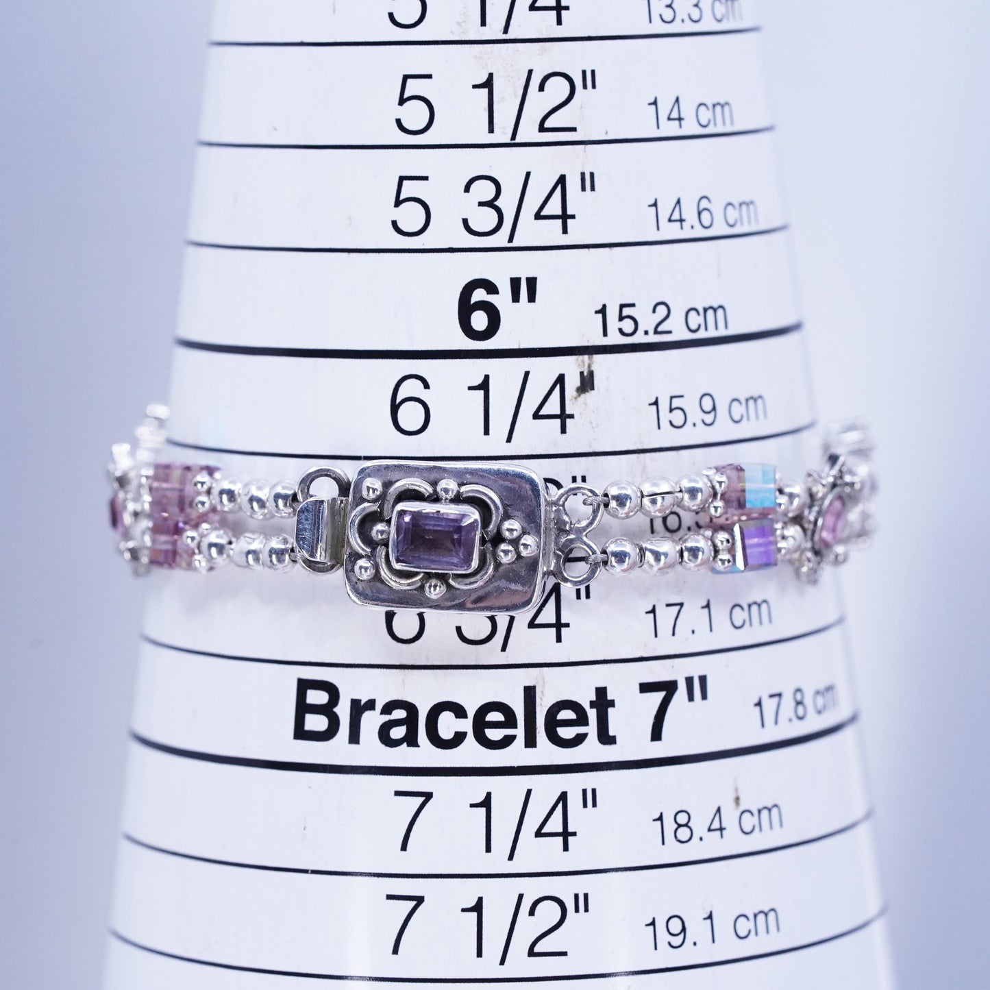 6.5”, Vintage Sterling 925 silver tennis bracelet chain with amethyst