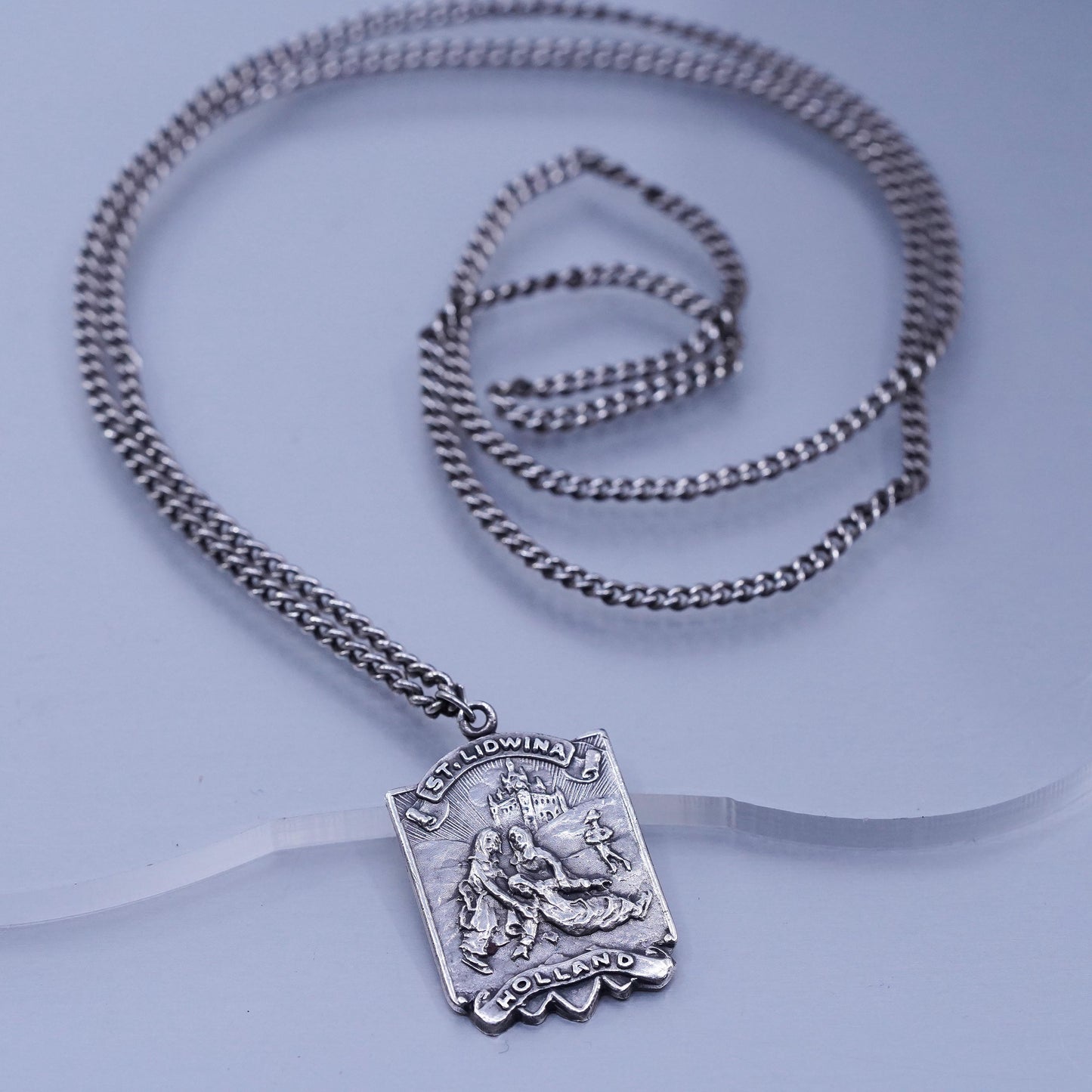 24”, VTG Sterling 925 silver curb necklace with St Lidwina Holland tag pendant