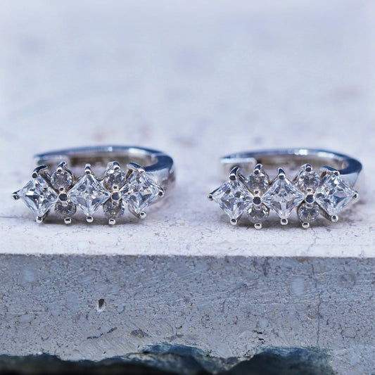 0.5”, vintage Sterling silver handmade hoop earrings, 925 huggie with cz