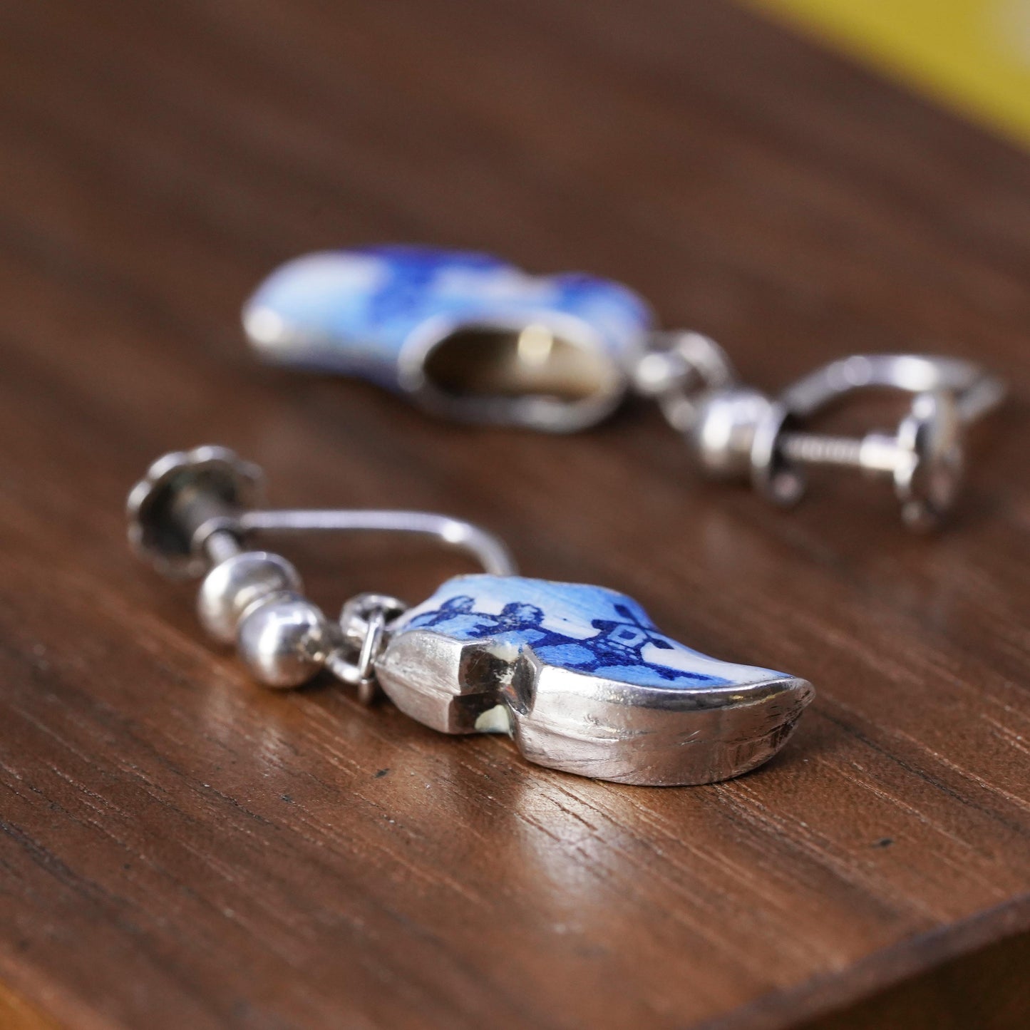 sterling silver handmade earrings, 925 Dutch wooden enamel shoes, symbol