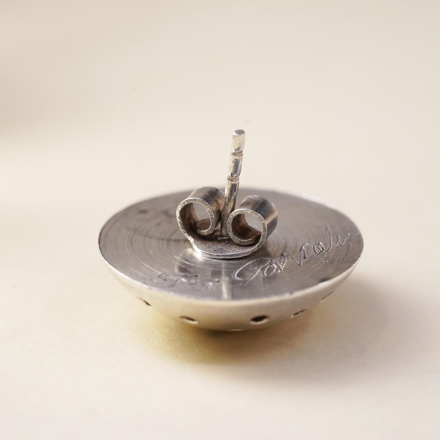 Vintage handmade single earring. Sterling 925 silver textured disc stud