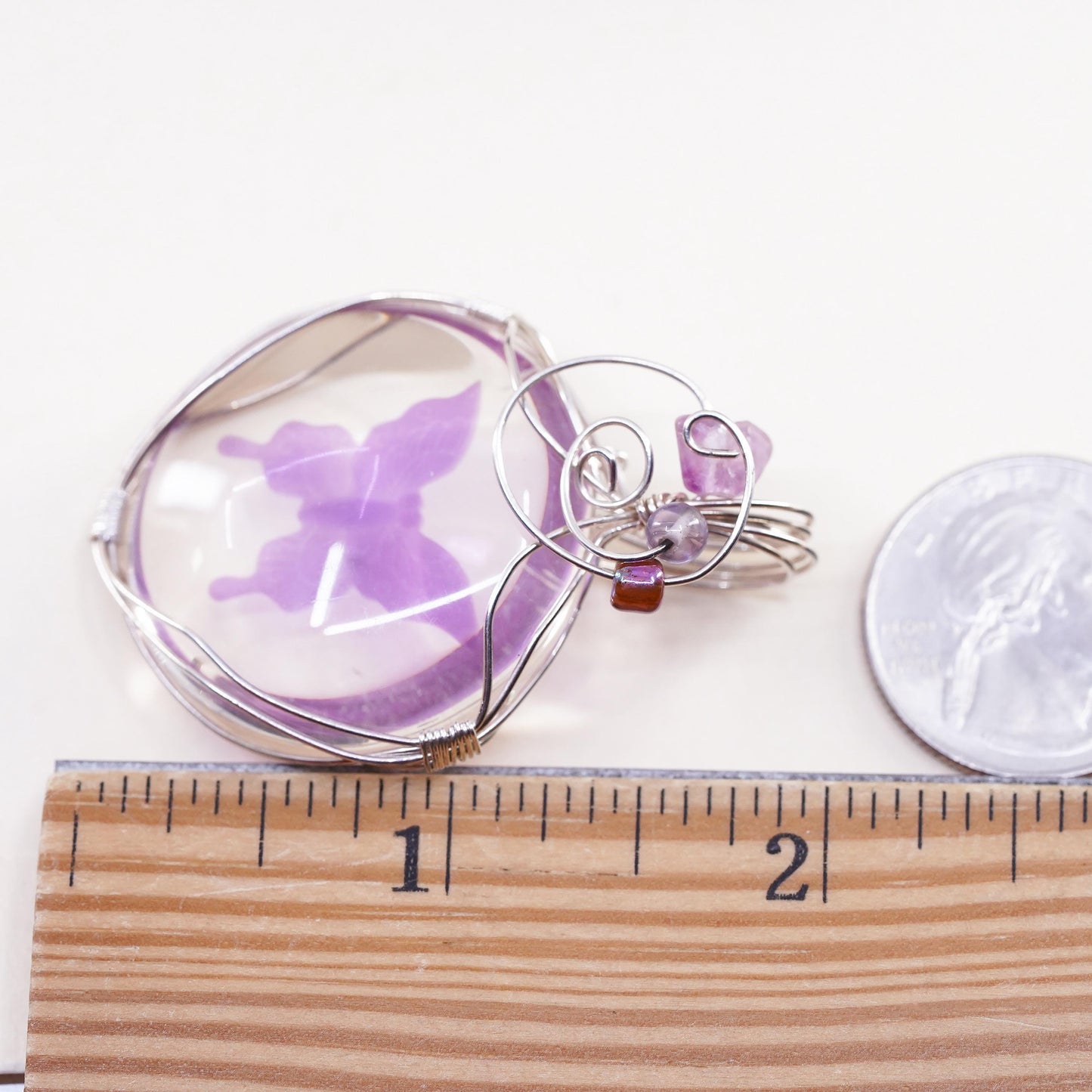 VTG Mexican sterling silver wire dichroic foiled glass purple butterfly pendant
