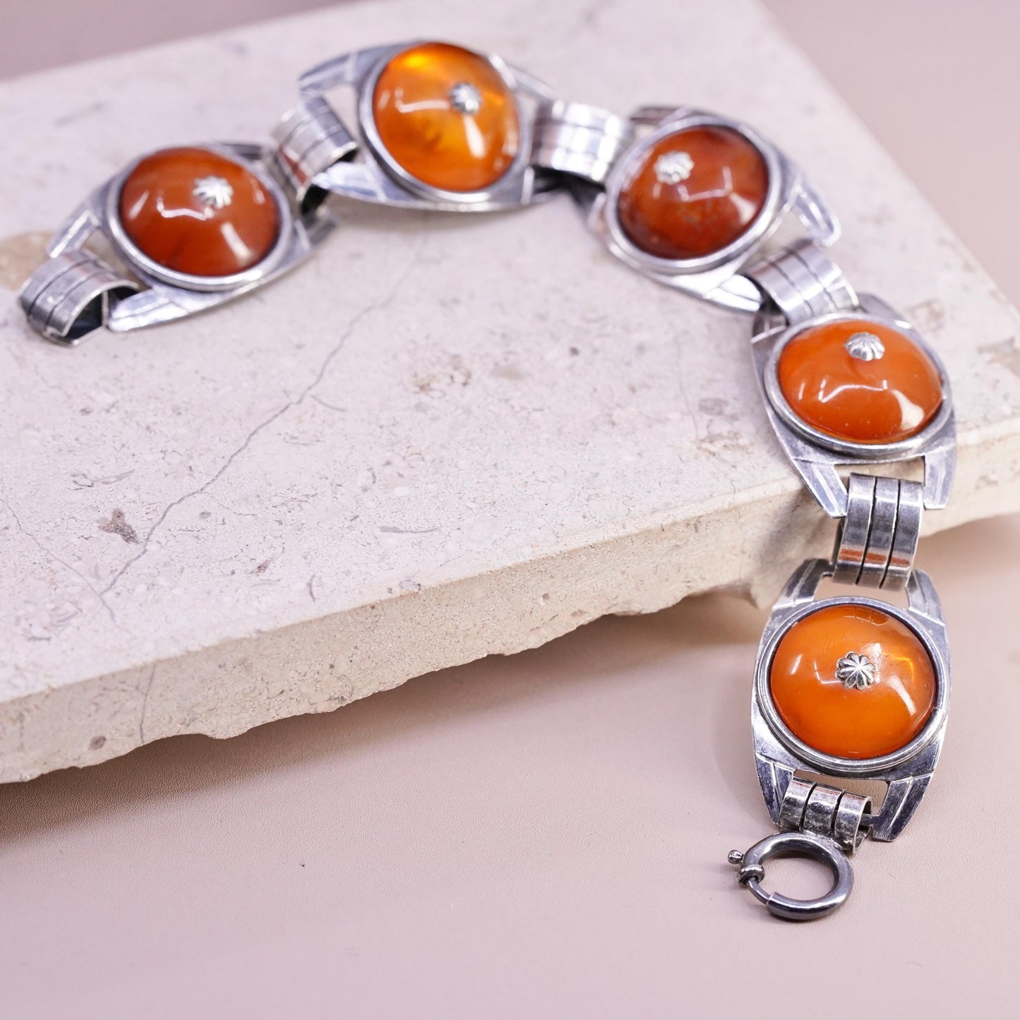 7.75", vintage German OKO sterling 835 silver handmade bracelet with carnelian