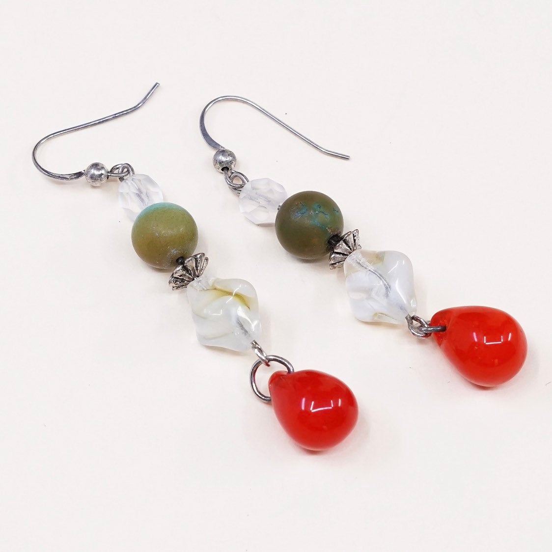 VTG sterling silver handmade earrings 925 w/ turquoise n teardrop red glass