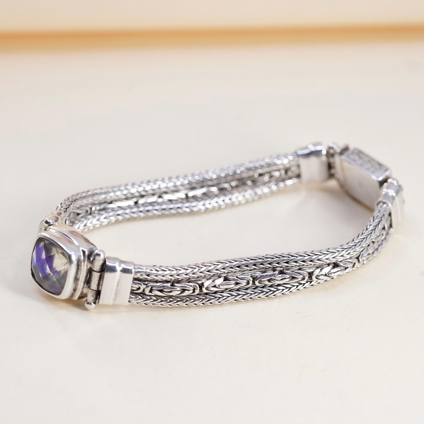 6”, Sarda Sterling silver bracelet, multi strands 925 wheat chain Mystic Quartz