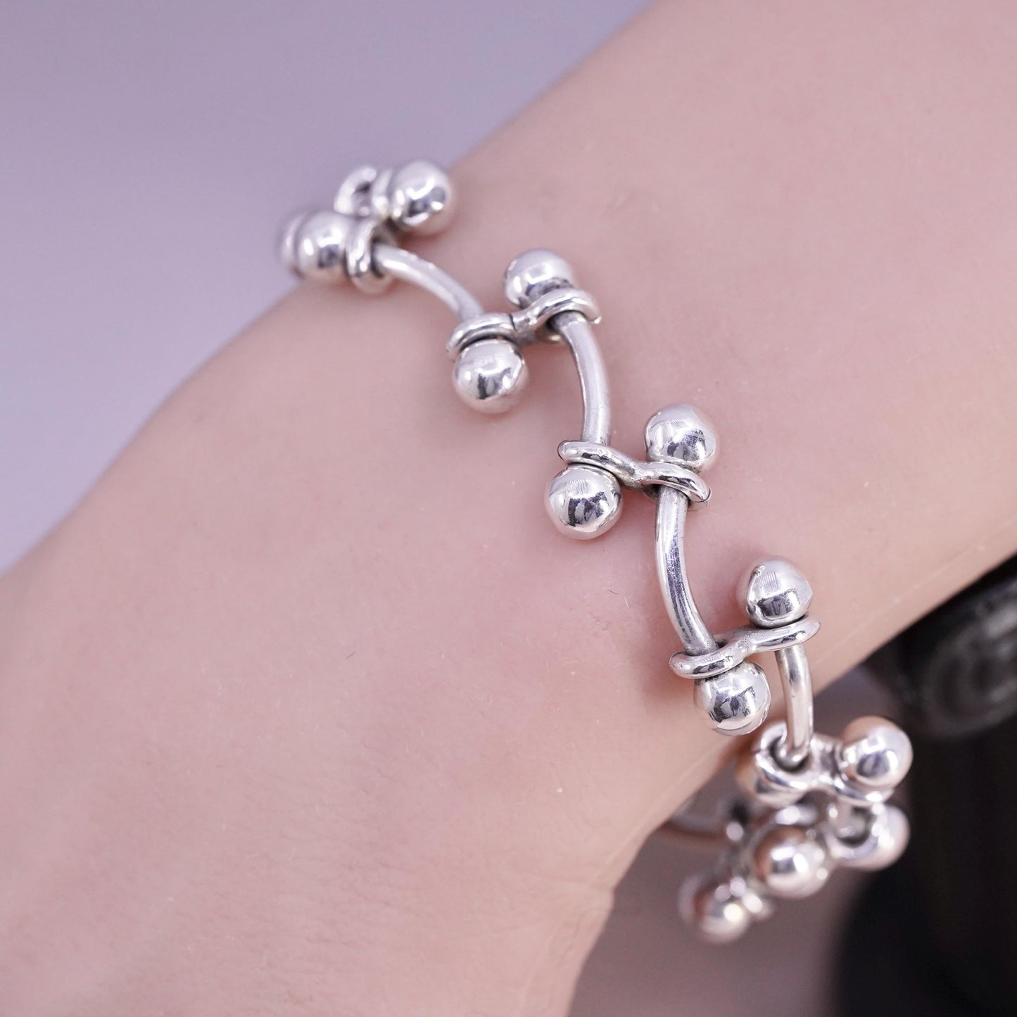 6.5”, vintage Sterling silver bracelet, 925 ball bar link chain toggle closure