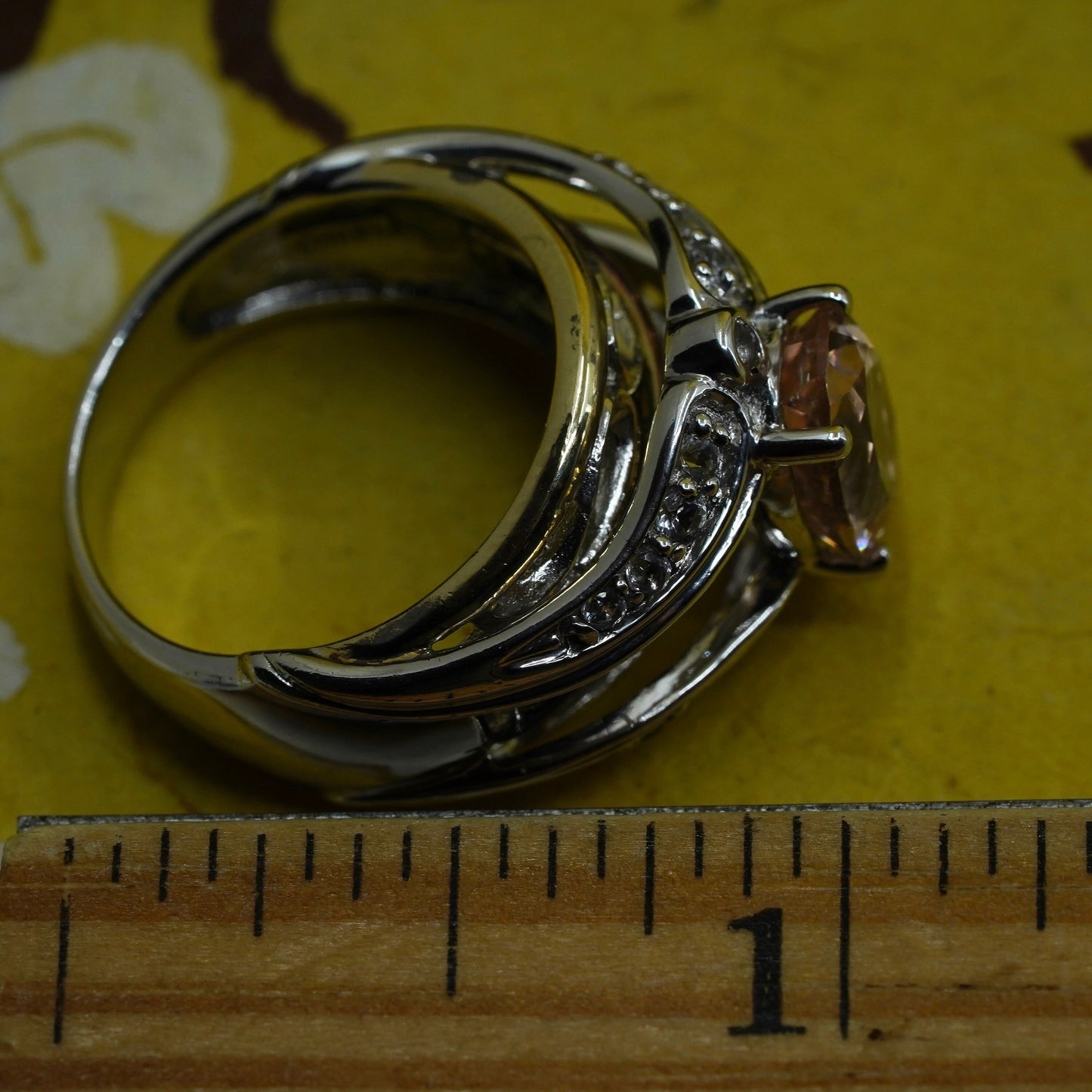 Size 7, Sterling 925 silver double layered ring with pink crystal cluster cz