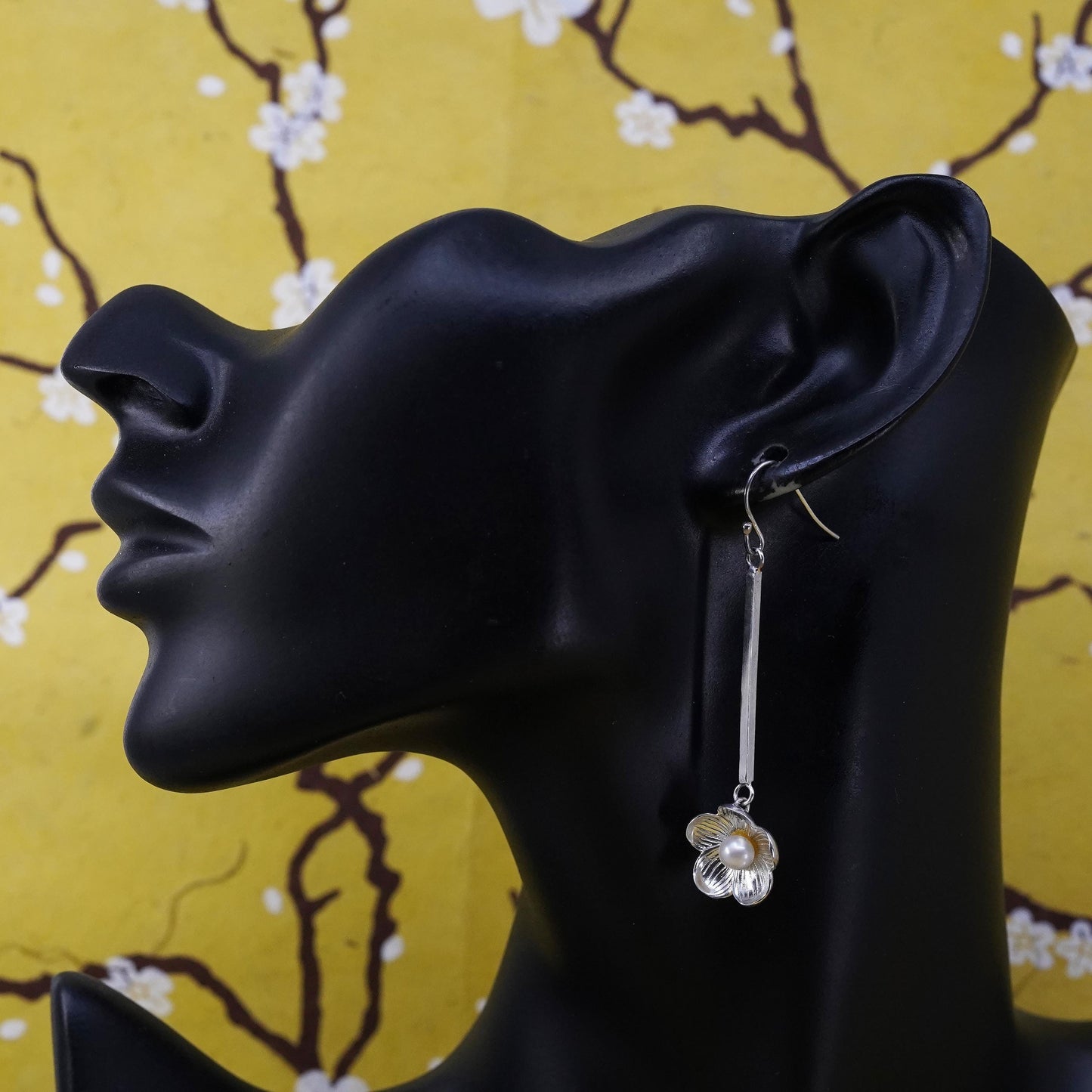 Vintage Sterling silver handmade earrings, 925 flower dangles with pearl