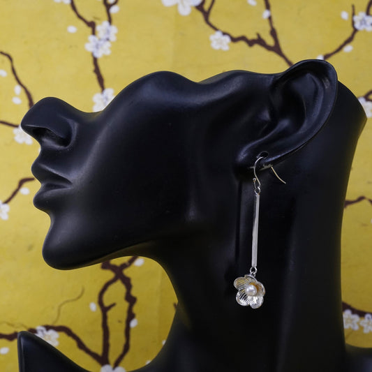 Vintage Sterling silver handmade earrings, 925 flower dangles with pearl