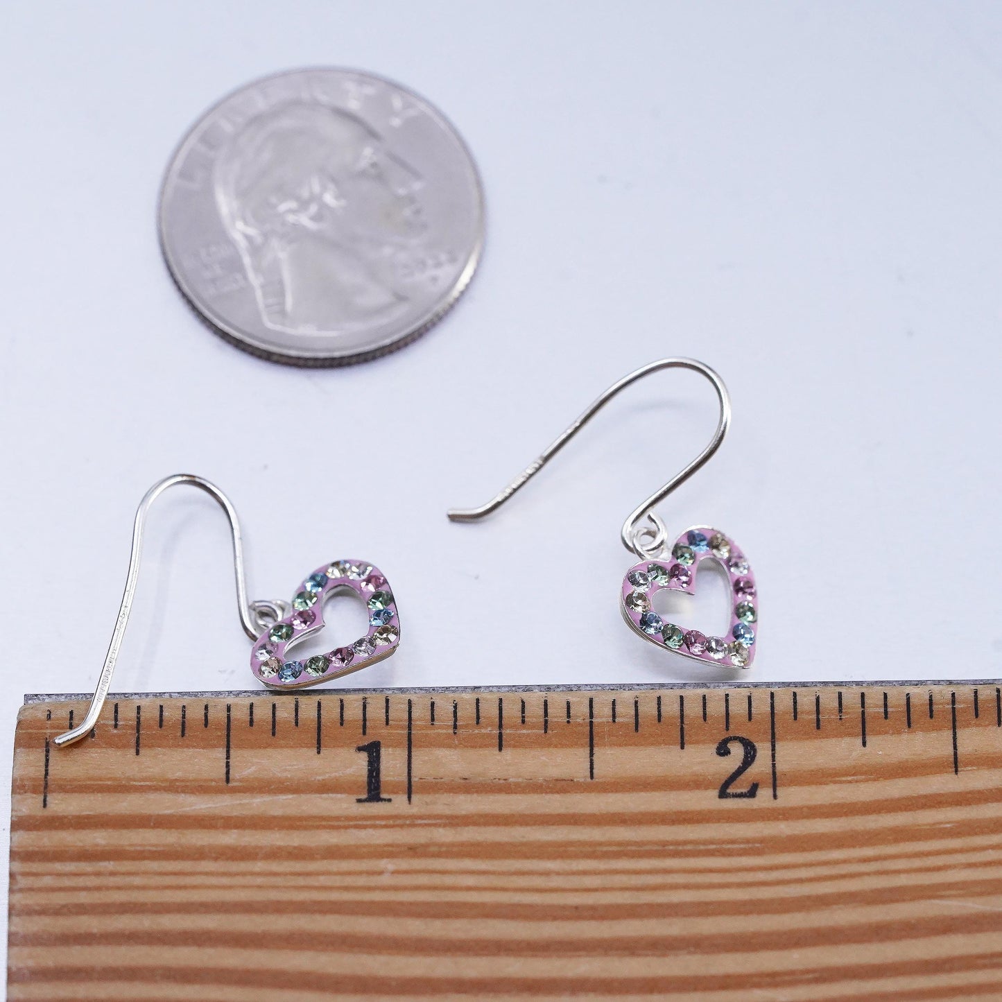 Vintage Sterling 925 silver pink heart earrings with cluster cz