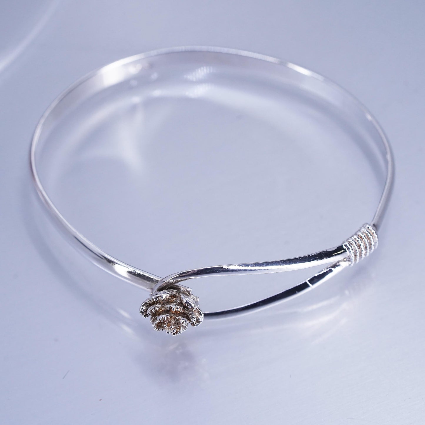 7”, Vintage Sterling 925 silver handmade bracelet, rose flower hinged bangle