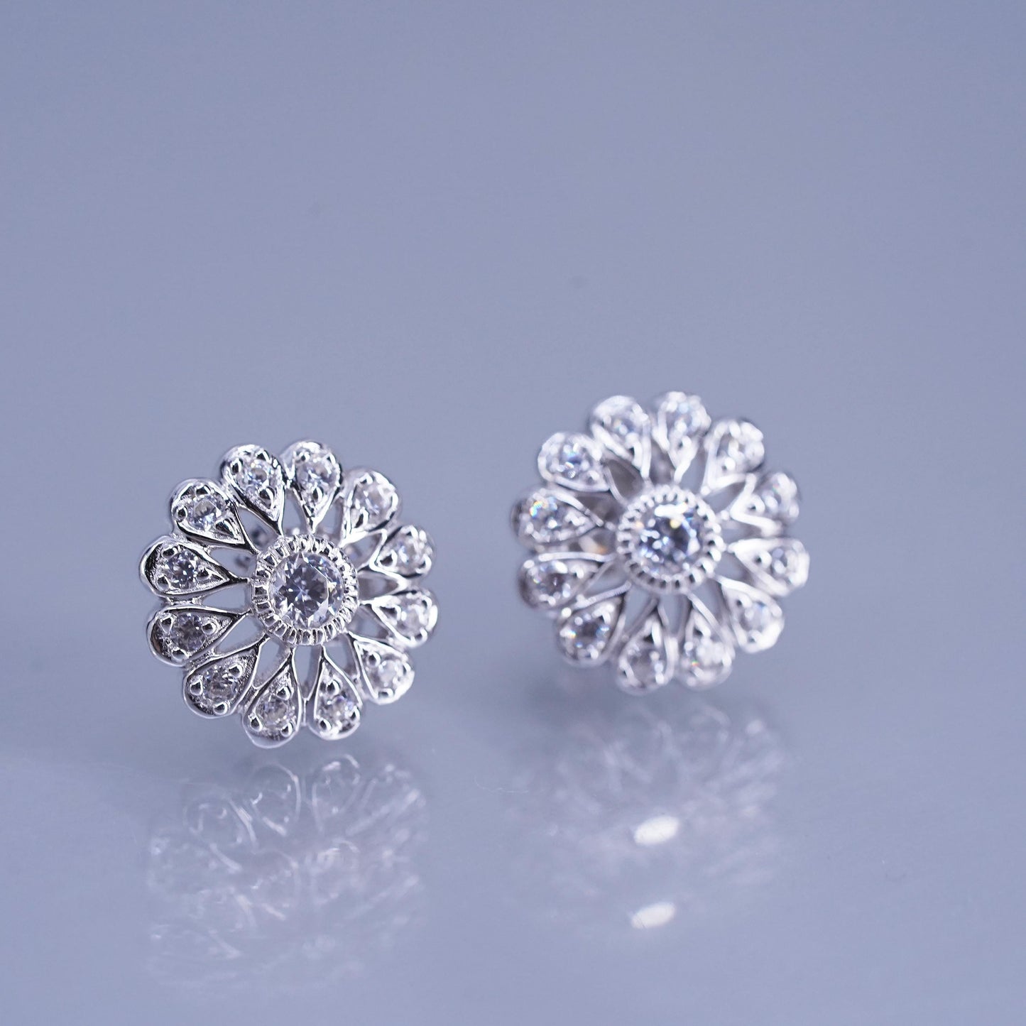 Vintage Sterling 925 silver handmade earrings, flower studs with cz