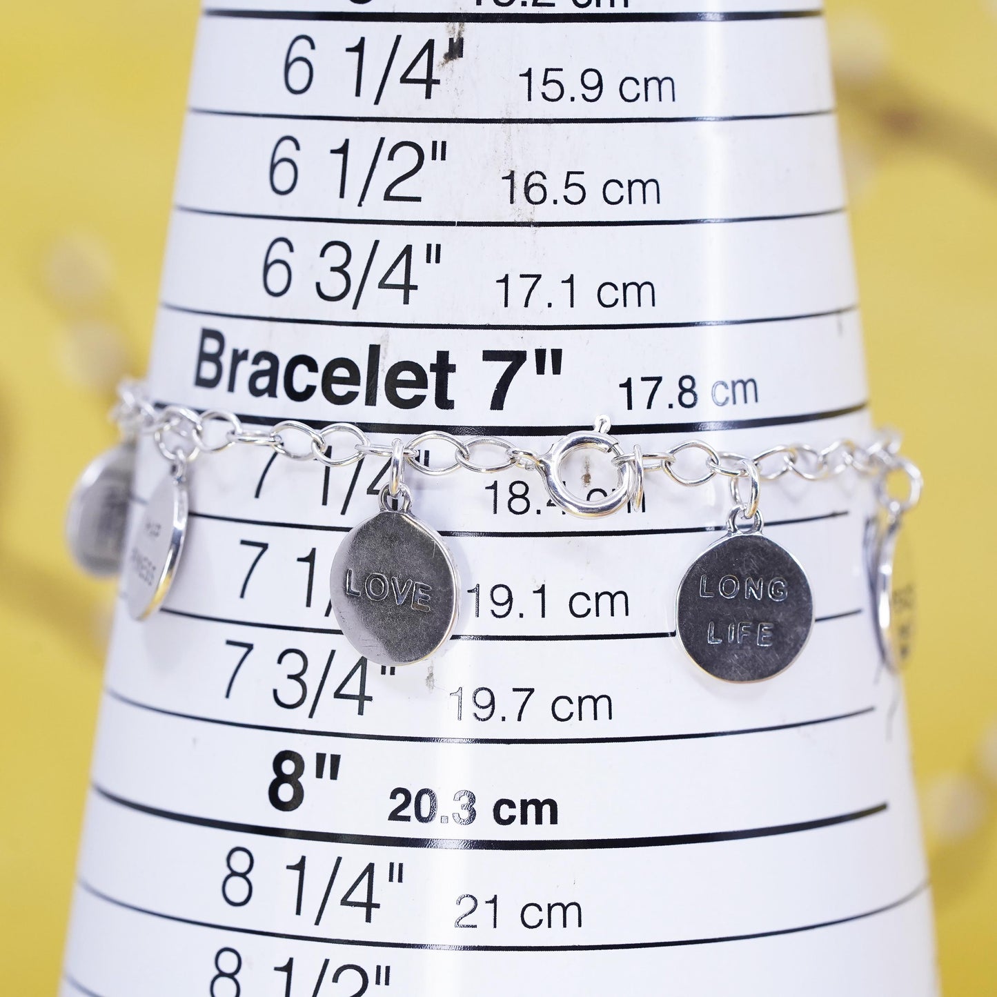 7.25” Sterling silver charm bracelet, 925 oval chain happiness wisdom good luck