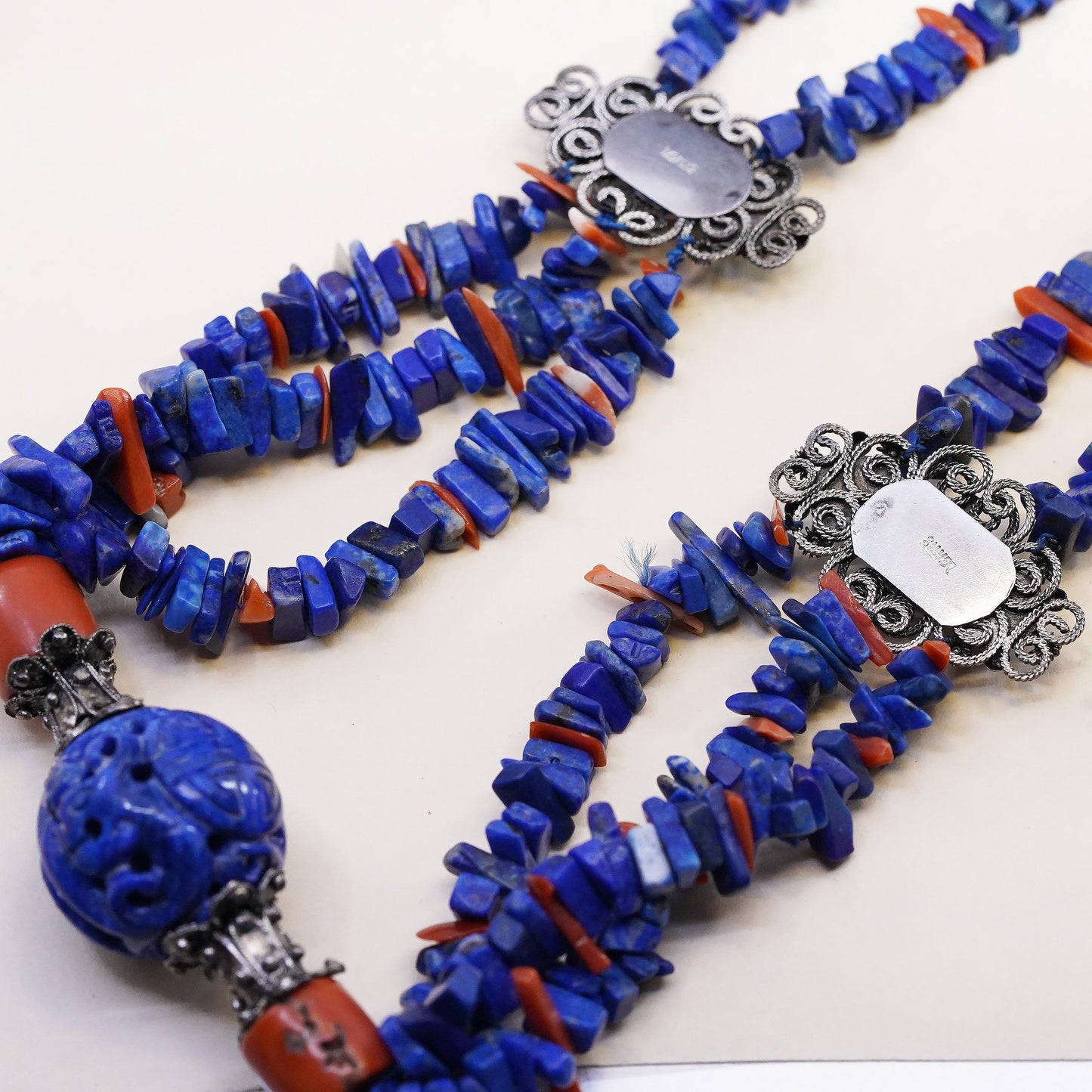24", Native American Sterling Silver 925 Lapis Lazuli Turquoise Coral Necklace
