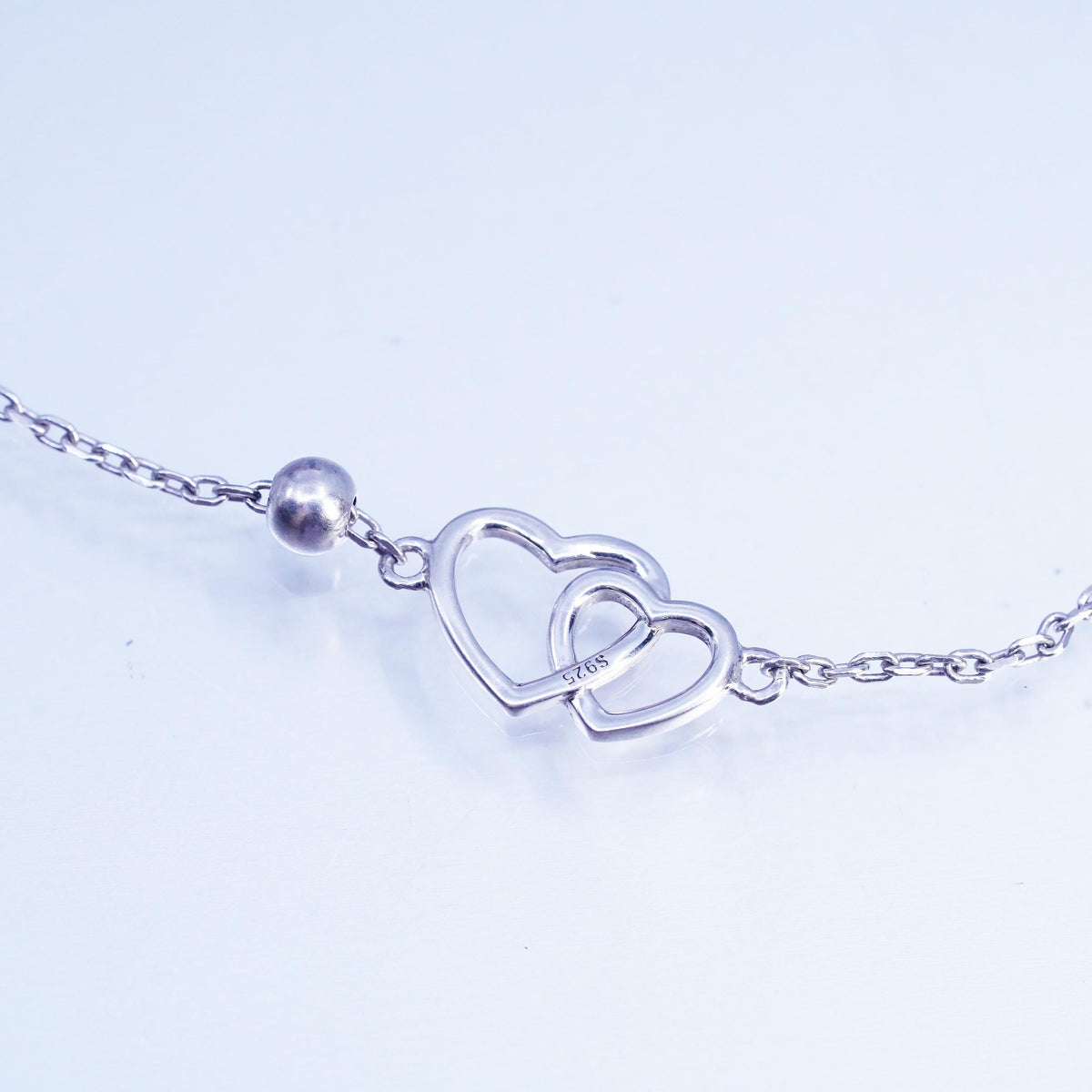 8.5+1", Sterling Silver Bracelet, 925 oval Chain Anklet double heart Charm