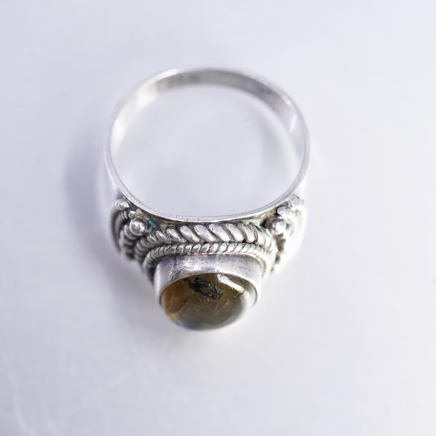 Sz 6.5, Vintage Sterling silver handmade ring, 925 band with Labradorite beads