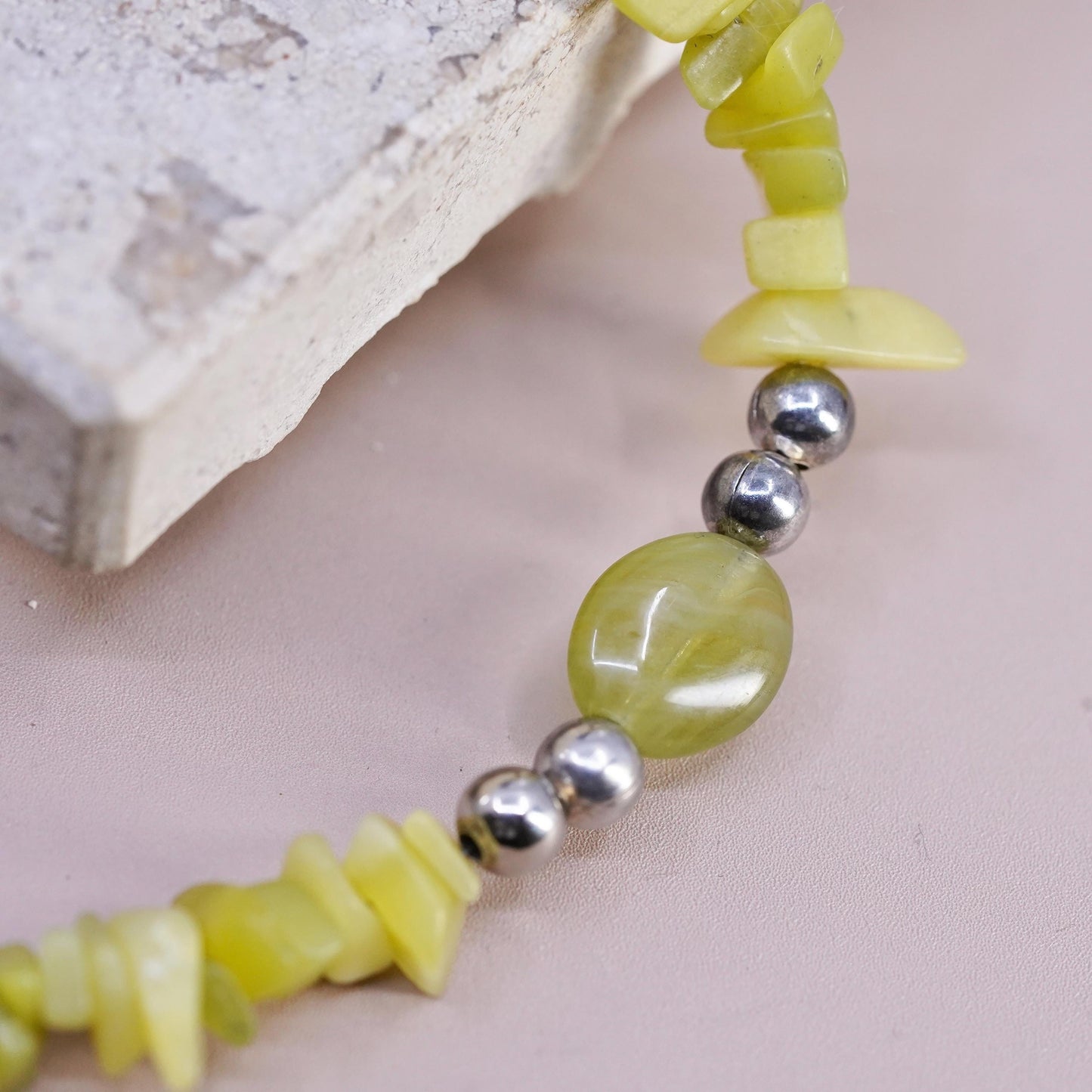 16", VTG Sterling 925 silver Handmade necklace, jade beads chain toggle closure