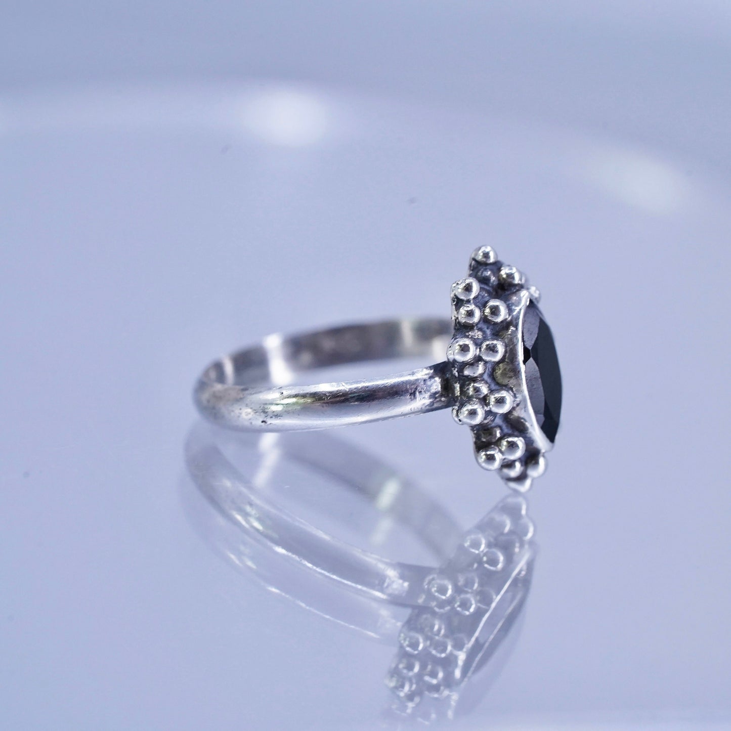 Size 5.75, vintage modern Sterling 925 silver handmade ring obsidian and beads
