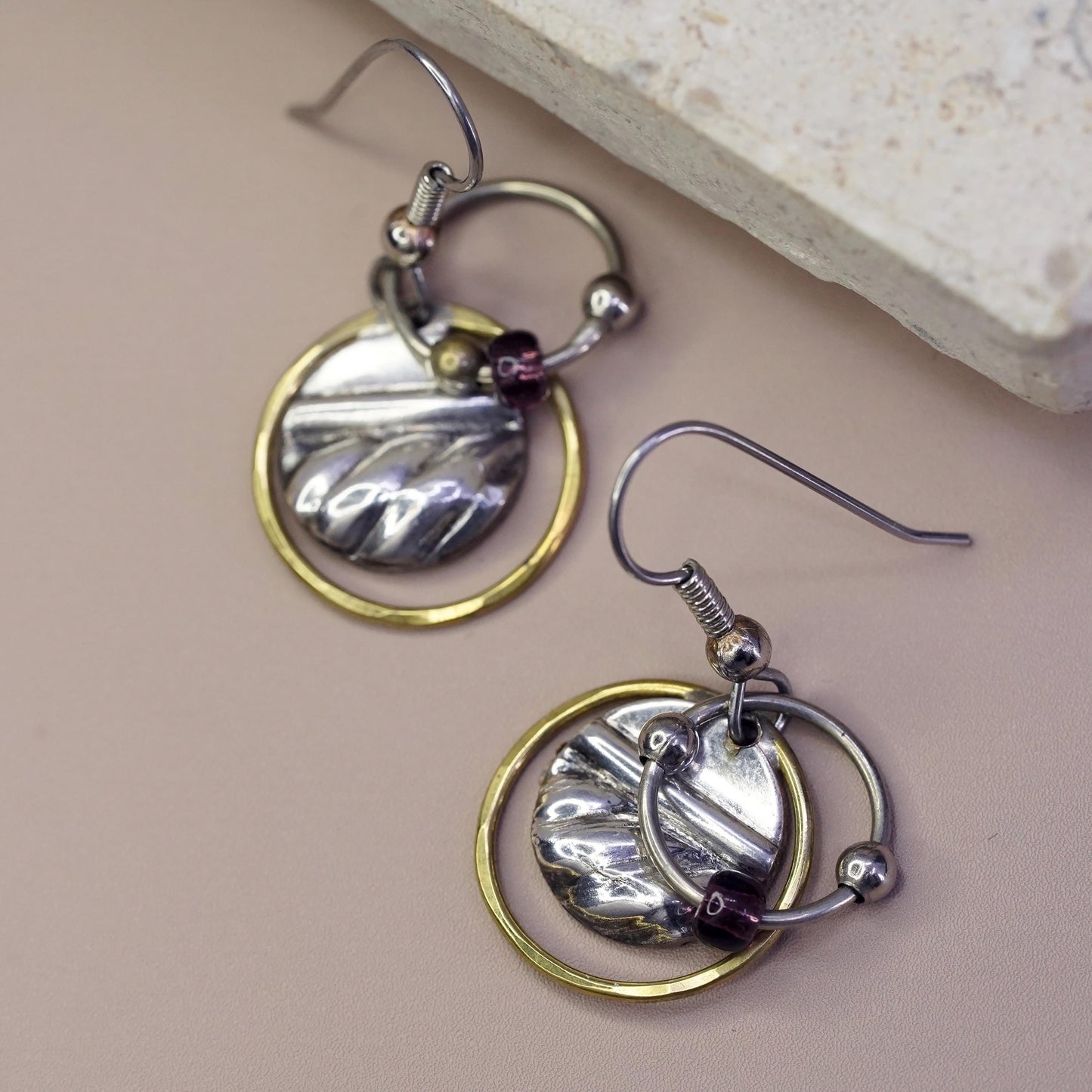 Vintage Two Tone Sterling silver handmade earrings, 925 disc w/ beads and brass