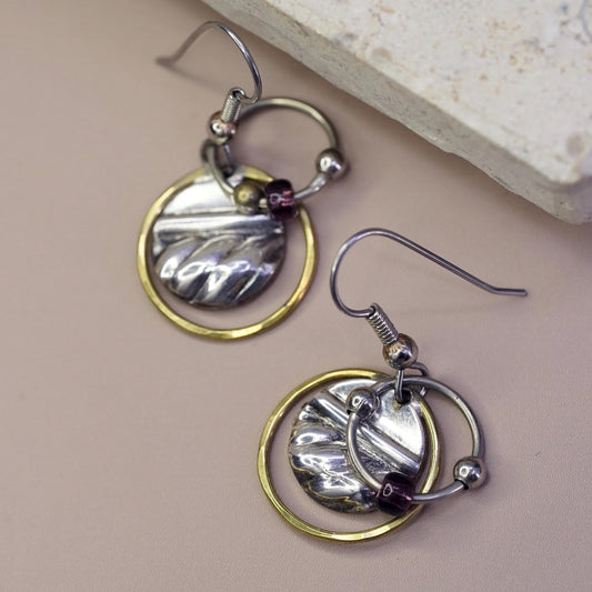 Vintage Two Tone Sterling silver handmade earrings, 925 disc w/ beads and brass