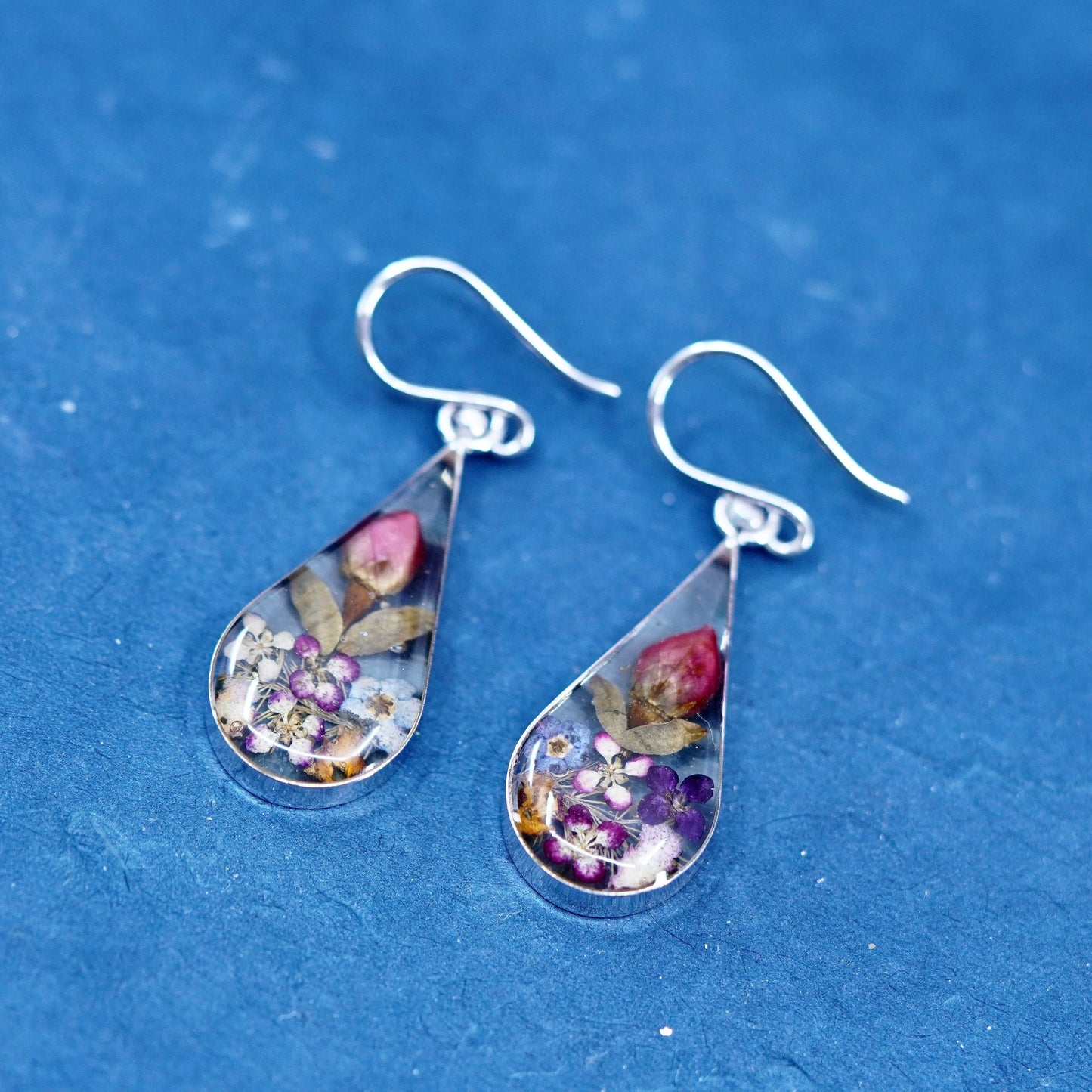 Vintage sterling silver handmade earrings, 925 teardrop with resin flower inlay