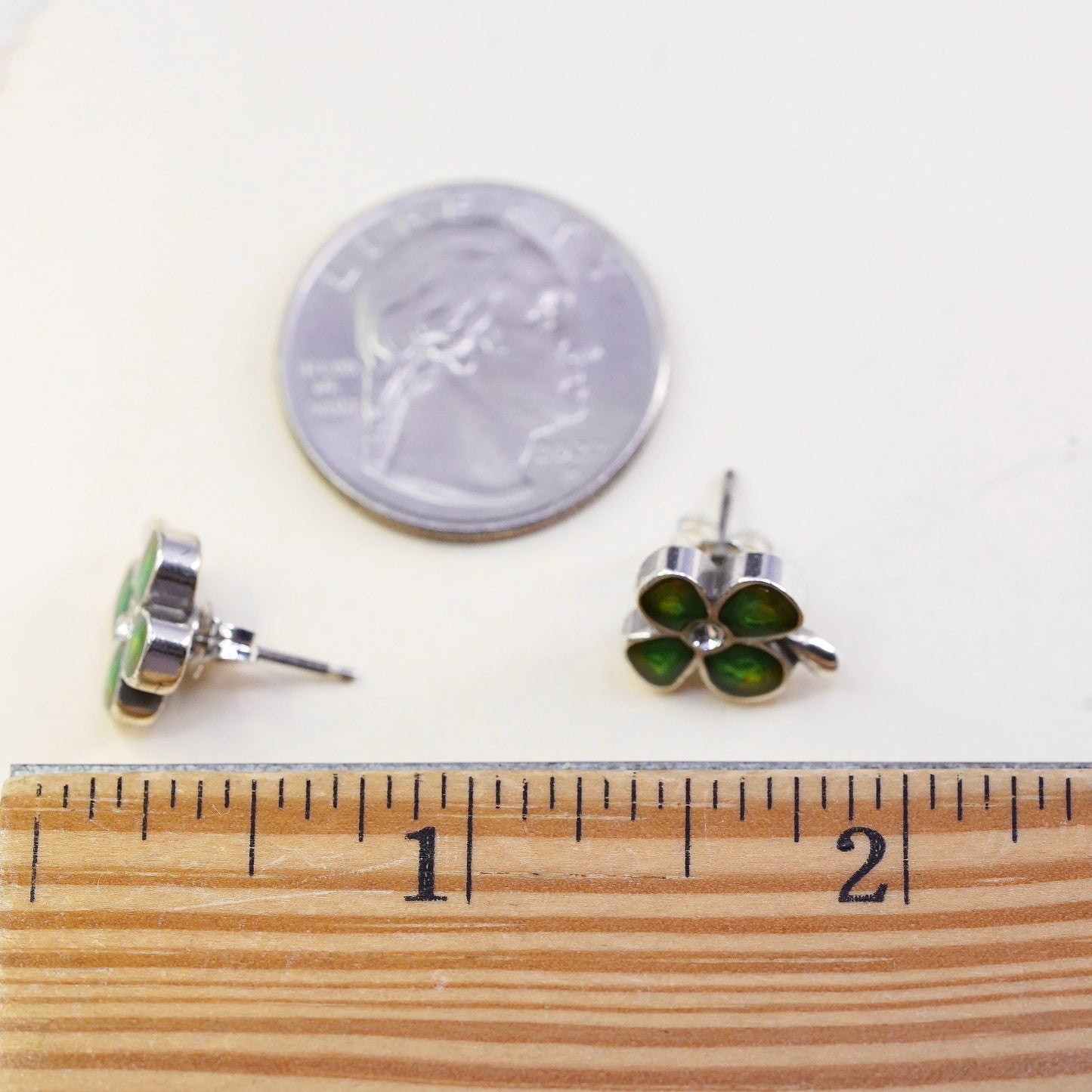 Vintage Sterling silver handmade earrings, 925 enamel lucky clover studs w/ cz