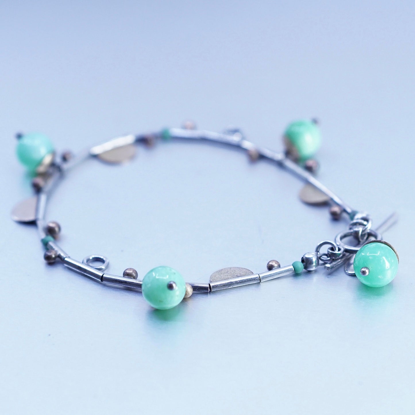 7”, Sterling 925 silver bracelet, liquid silver chain with turquoise beads